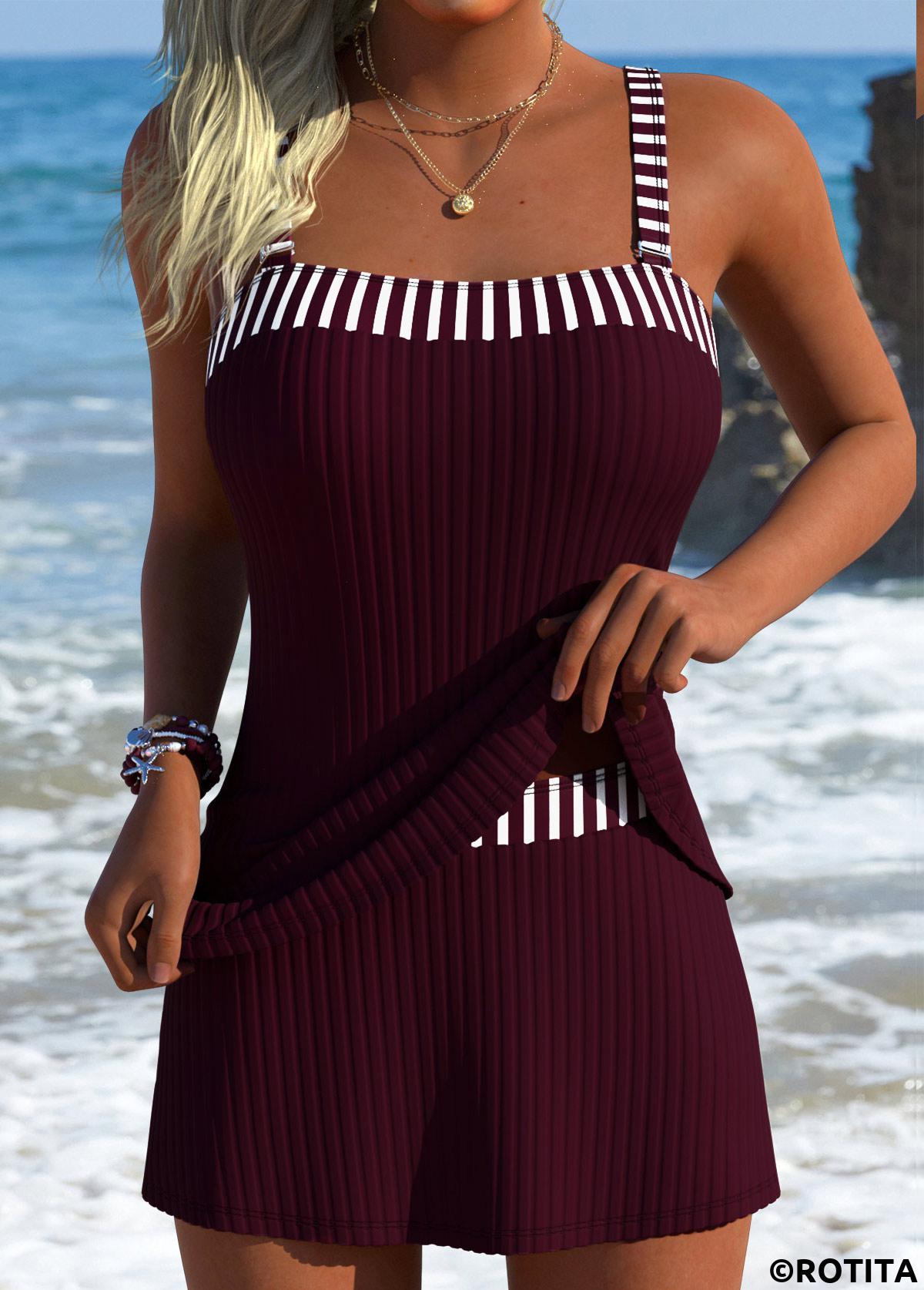 Wine Red swimwear,Striped swimwear,Geometric swimwear,ROTITA Wine Red Striped Mid Waisted Tankini Set