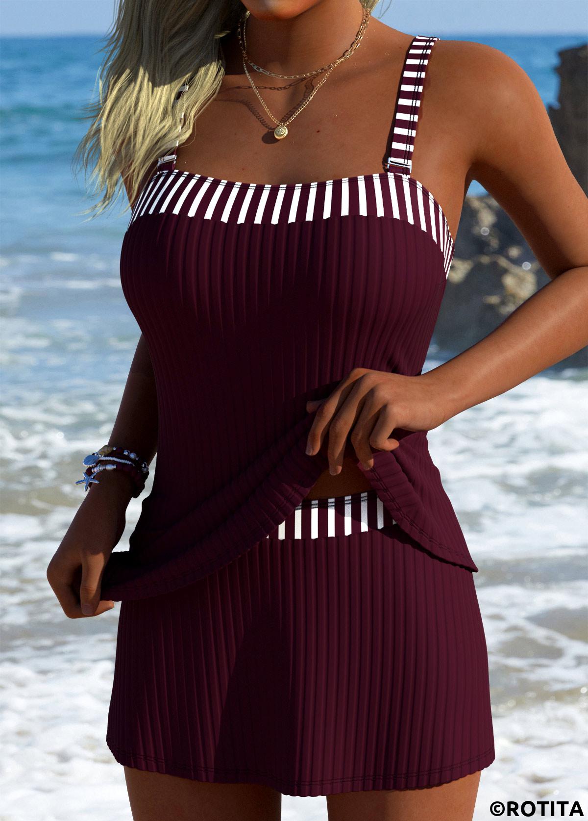 Wine Red swimwear,Striped swimwear,Geometric swimwear,ROTITA Wine Red Striped Mid Waisted Tankini Set
