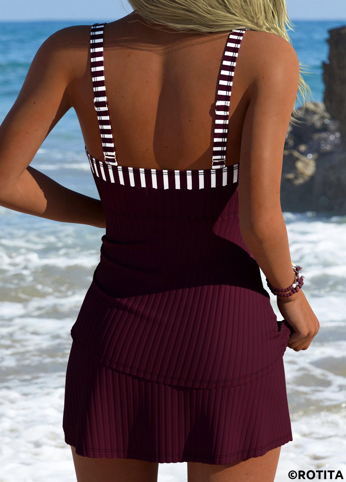 Wine Red swimwear,Striped swimwear,Geometric swimwear,ROTITA Wine Red Striped Mid Waisted Tankini Set