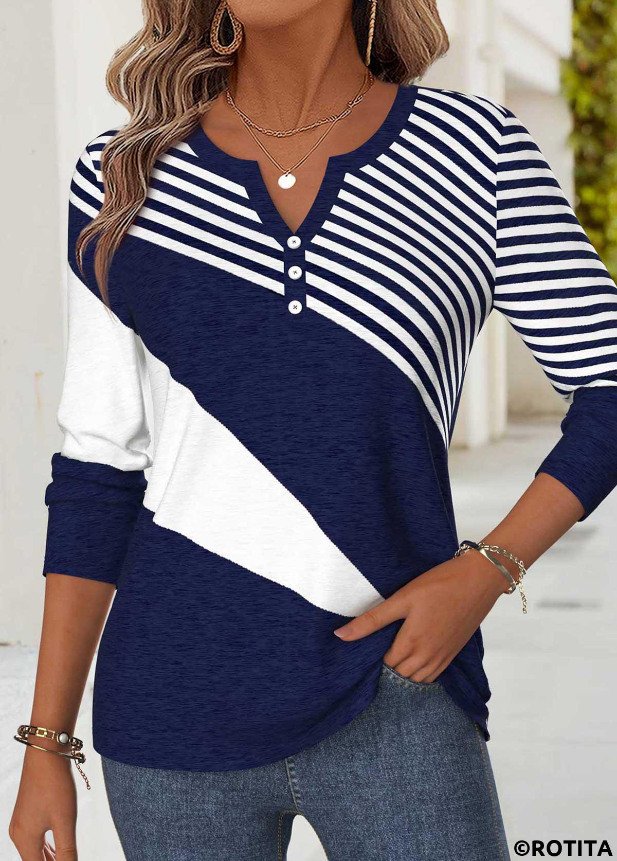Navy tops,Geometric tops,ROTITA Curved Hem Geometric Print Navy Split Neck T Shirt