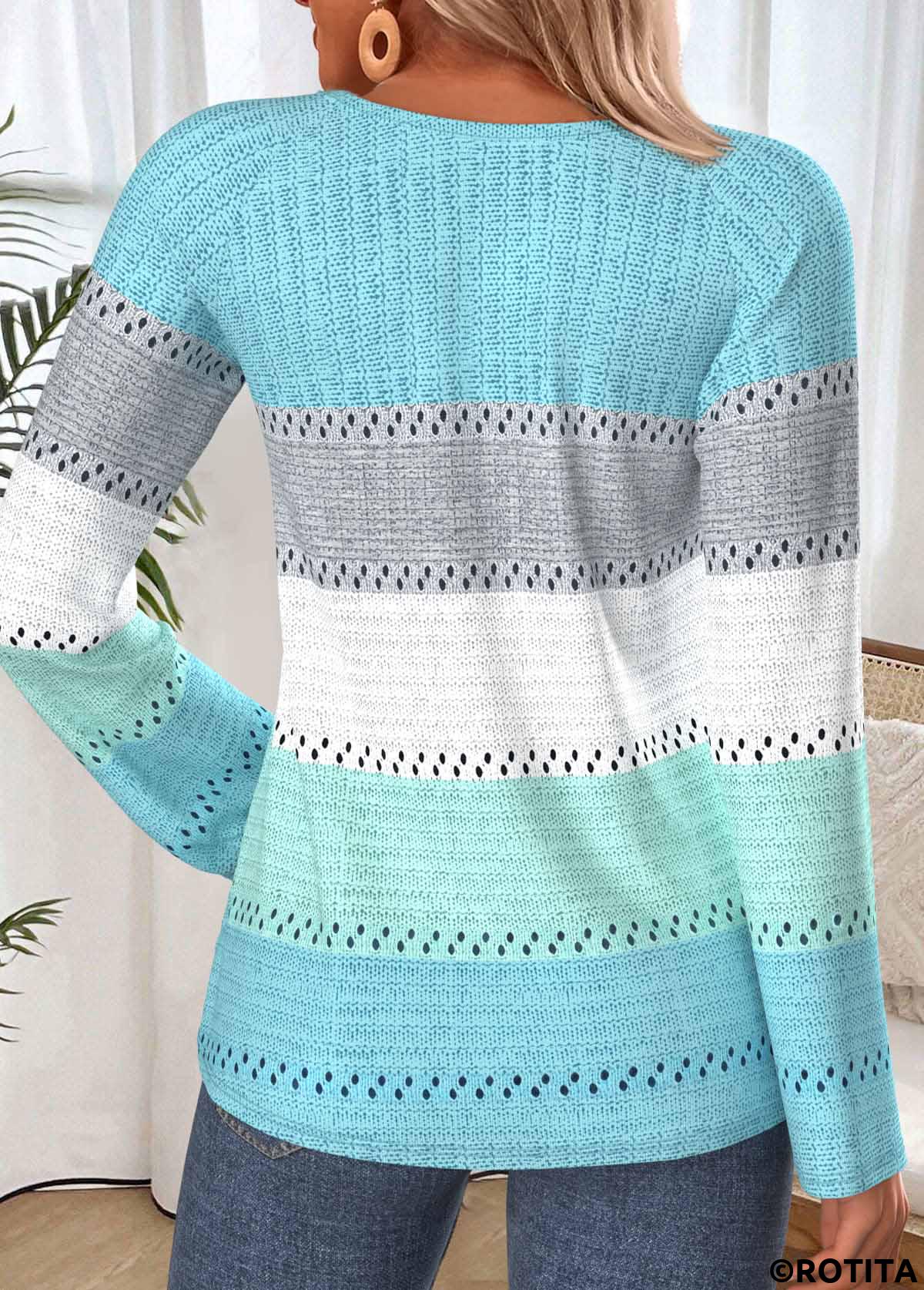 Mint Green tops,Striped tops,Geometric tops,ROTITA Button Striped Mint Green Split Neck T Shirt