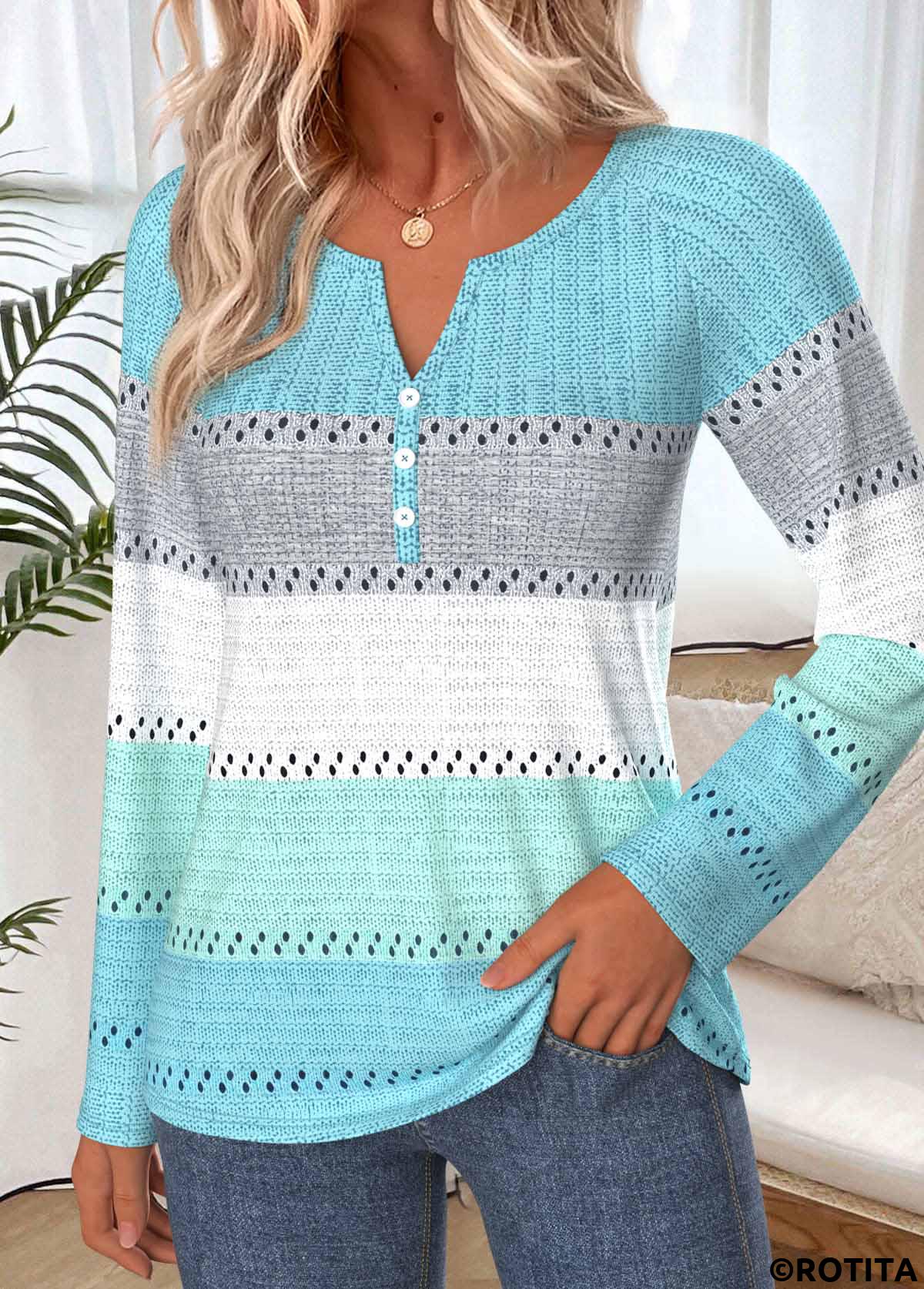 Mint Green tops,Striped tops,Geometric tops,ROTITA Button Striped Mint Green Split Neck T Shirt