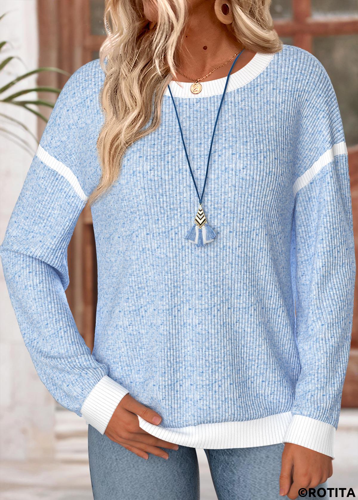 Blue tops,Contrast Color tops,ROTITA Patchwork Blue Round Neck Long Sleeve Sweatshirt