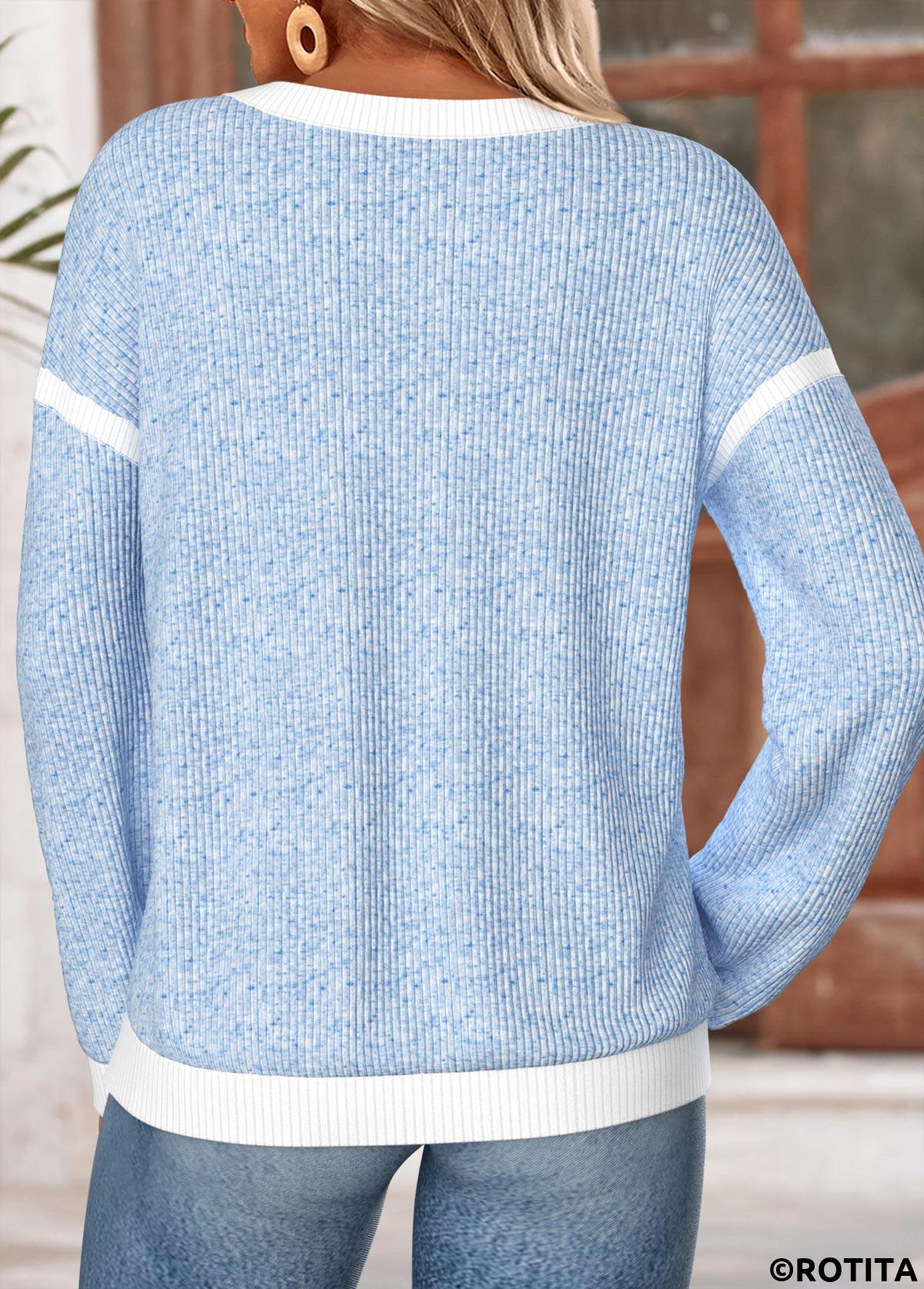 Blue tops,Contrast Color tops,ROTITA Patchwork Blue Round Neck Long Sleeve Sweatshirt