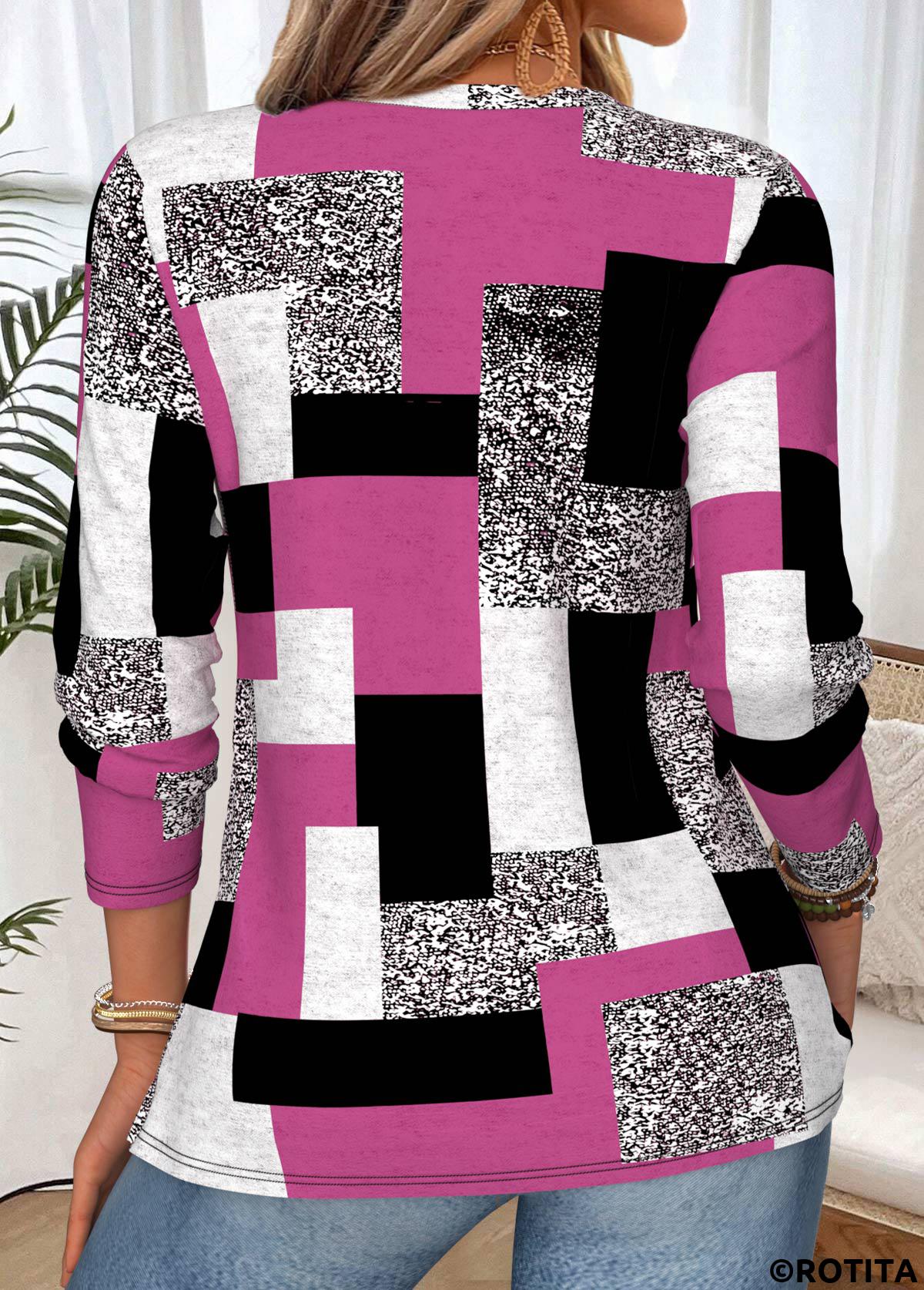 Multi Color tops,Geometric tops,ROTITA Fake 2in1 Geometric Print Multi Color T Shirt