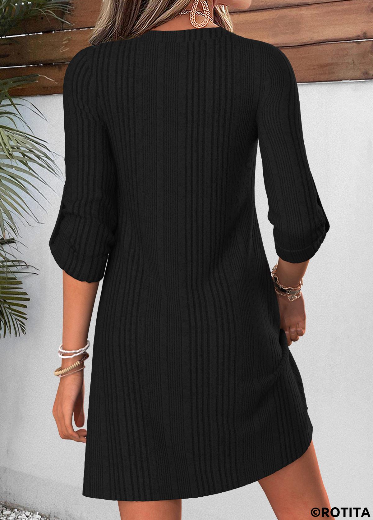 Black dresses,Plain Color dresses,Everyday dresses,Casual dresses,ROTITA Black Tummy Coverage Short Split Neck Long Sleeve Dress