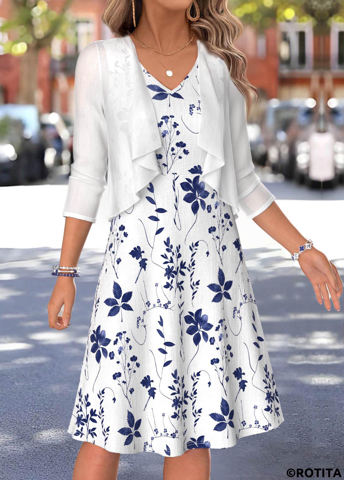 White dresses,Plants dresses,Everyday dresses,Casual dresses,ROTITA White Leaf Print Two-piece V Neck Dress and Cardigan