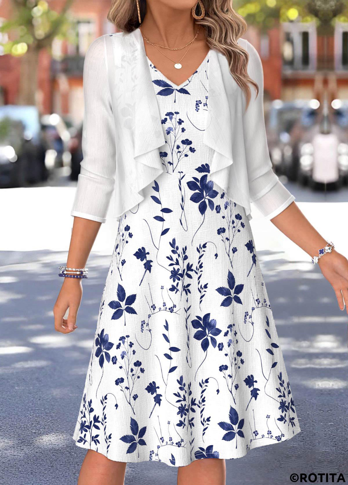 White dresses,Plants dresses,Everyday dresses,Casual dresses,ROTITA White Leaf Print Two-piece V Neck Dress and Cardigan