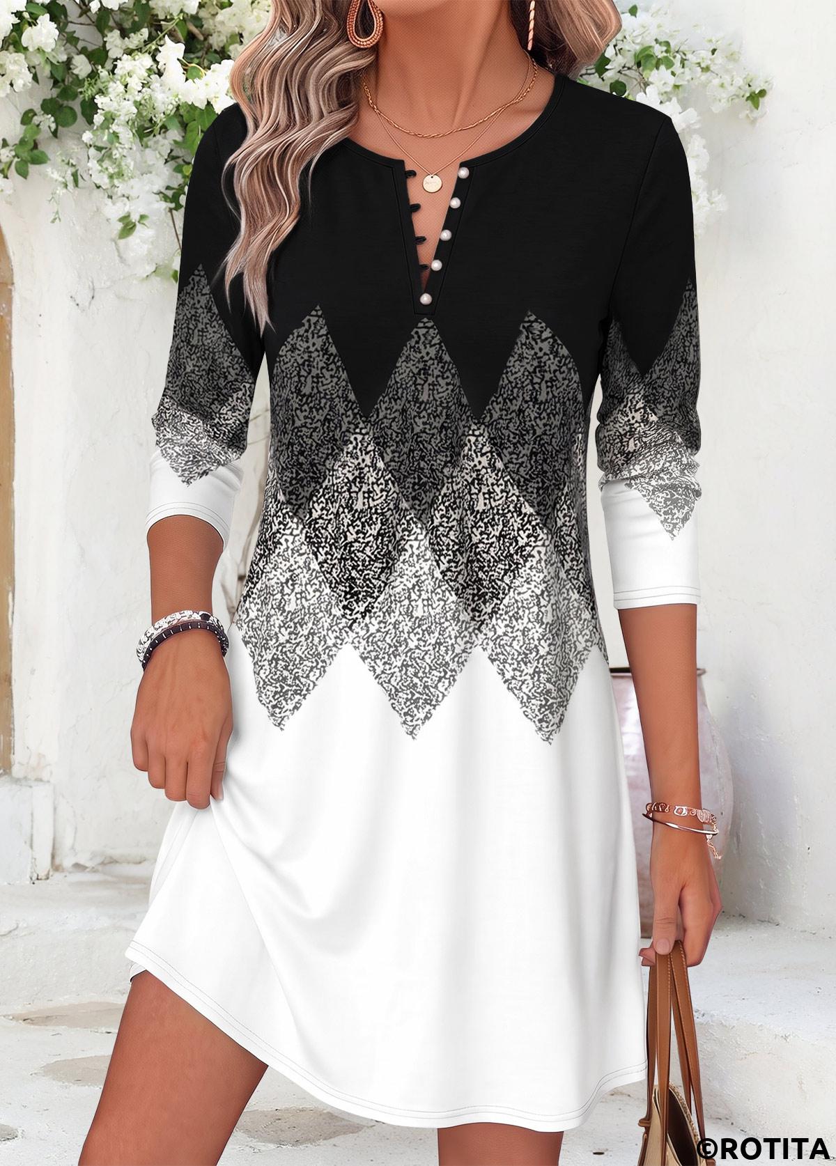 Black dresses,Geometric dresses,Everyday dresses,Casual dresses,ROTITA Black Geometric Print Tummy Coverage Short Split Neck Dress