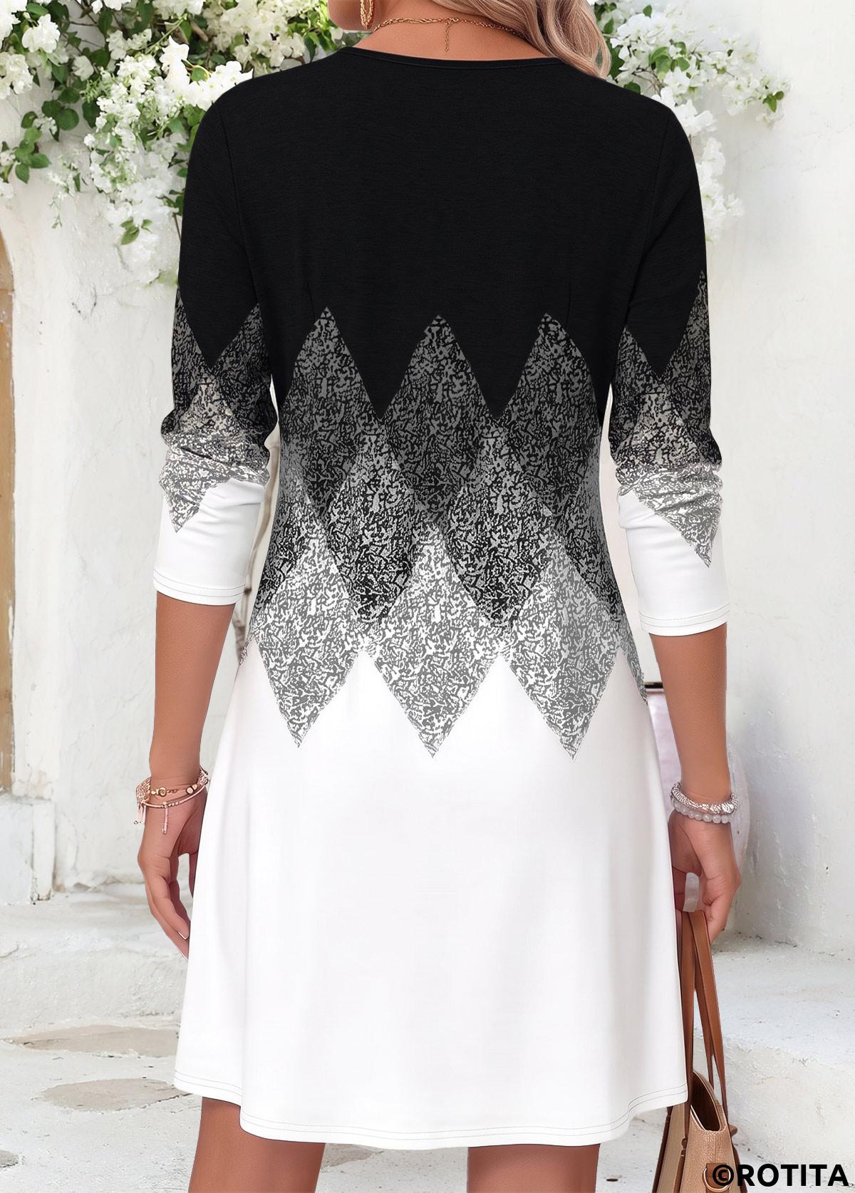 Black dresses,Geometric dresses,Everyday dresses,Casual dresses,ROTITA Black Geometric Print Tummy Coverage Short Split Neck Dress