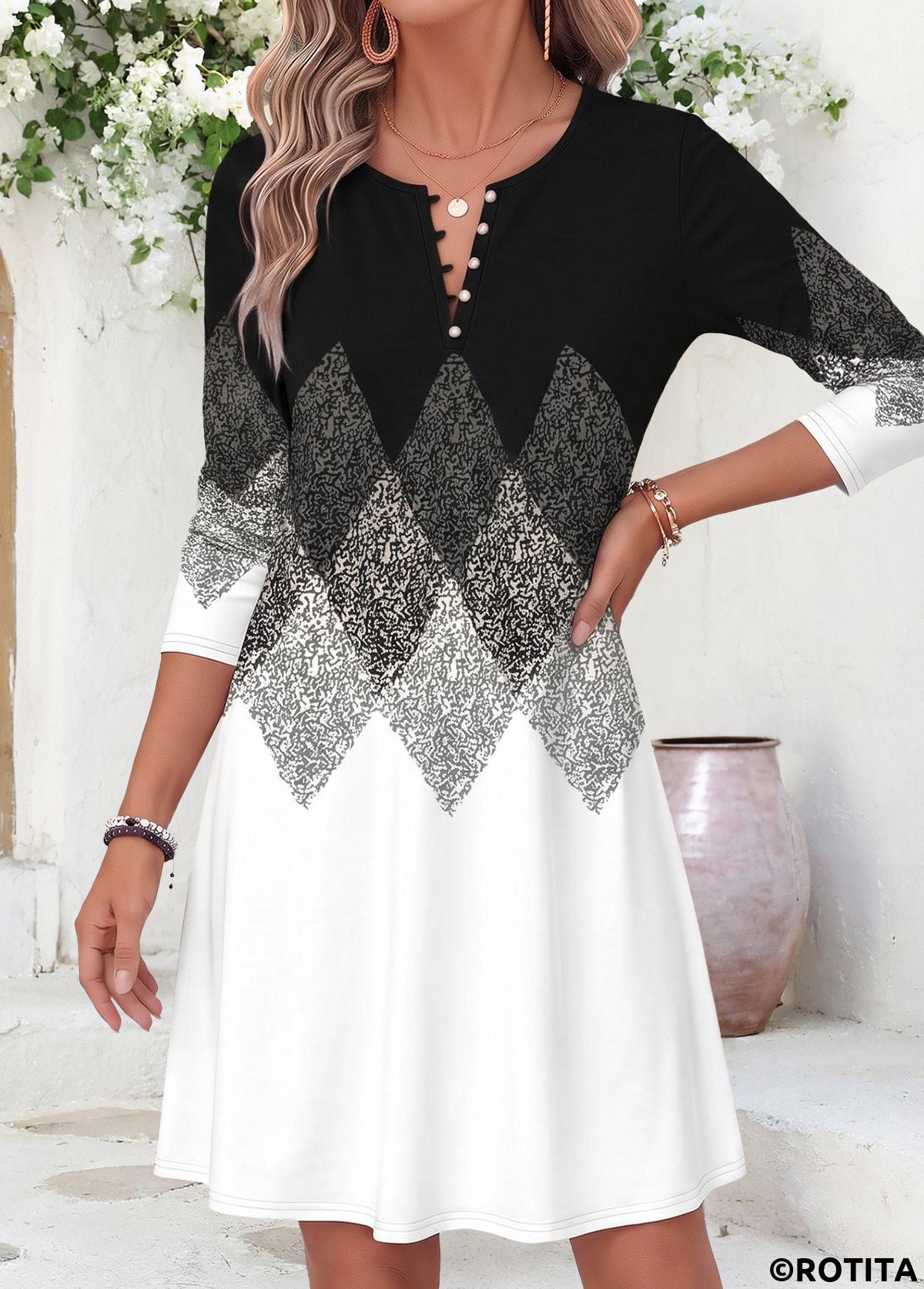 Black dresses,Geometric dresses,Everyday dresses,Casual dresses,ROTITA Black Geometric Print Tummy Coverage Short Split Neck Dress