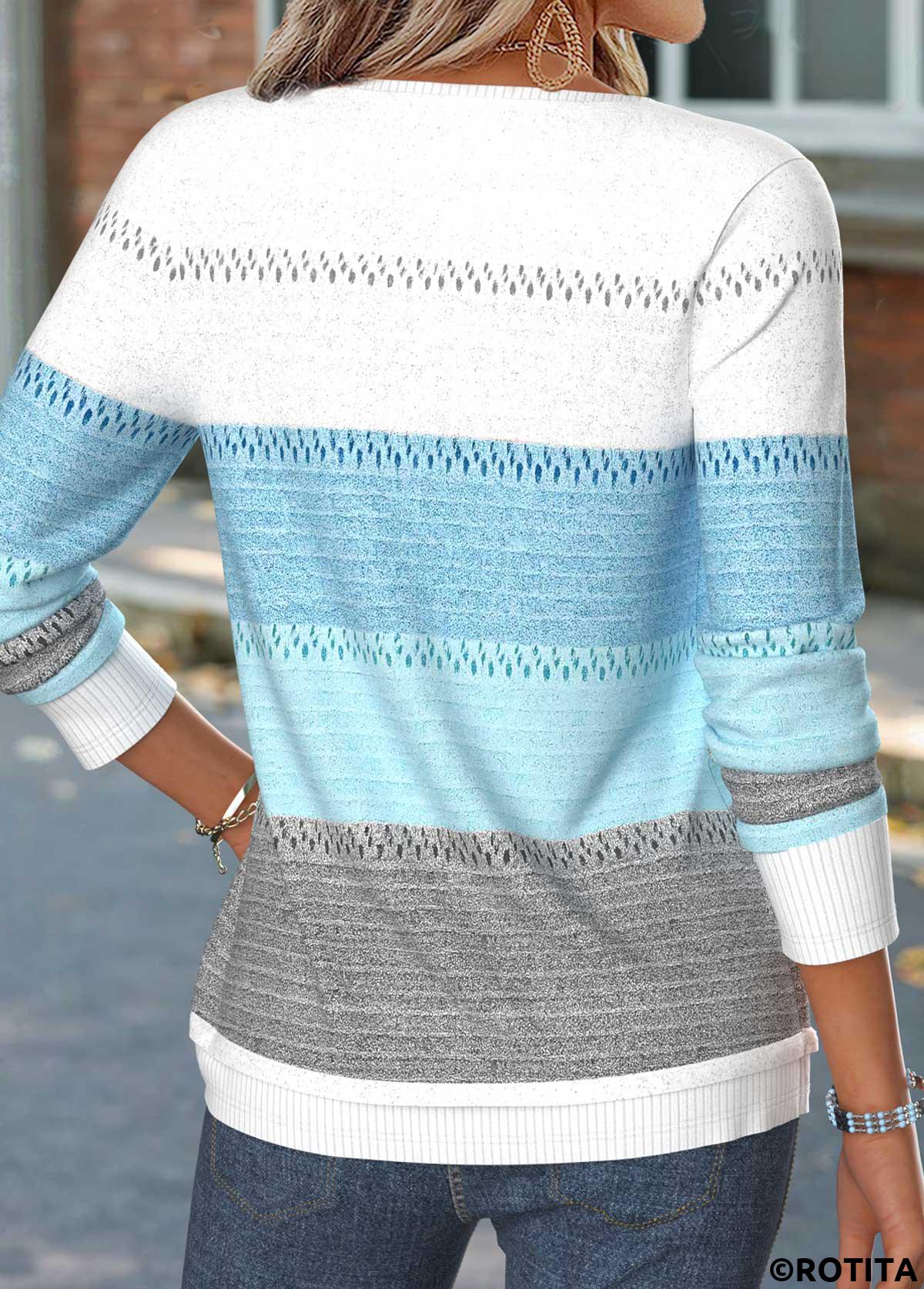 Blue tops,Geometric tops,ROTITA Patchwork Geometric Print Blue Long Sleeve T Shirt