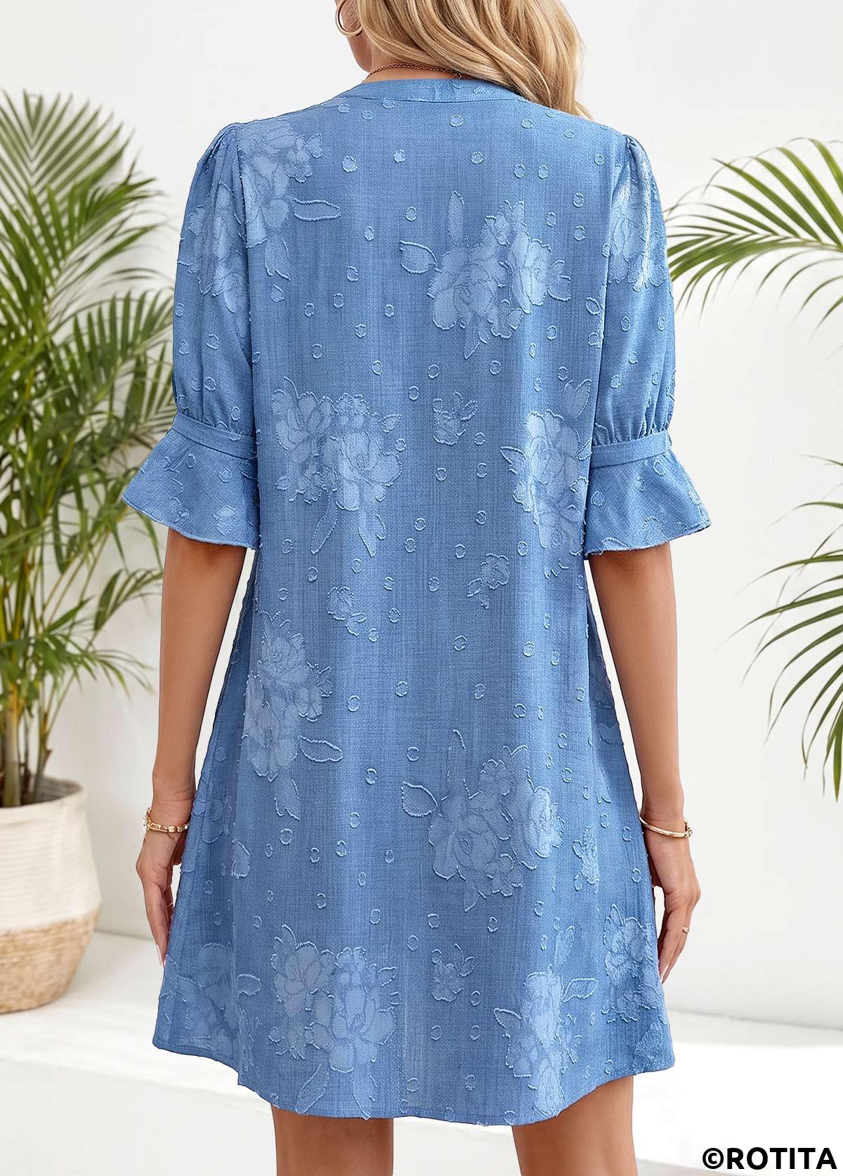 Denim Blue dresses,Floral dresses,Plants dresses,Everyday dresses,Casual dresses,ROTITA Denim Blue Floral Print Tummy Coverage Short Dress