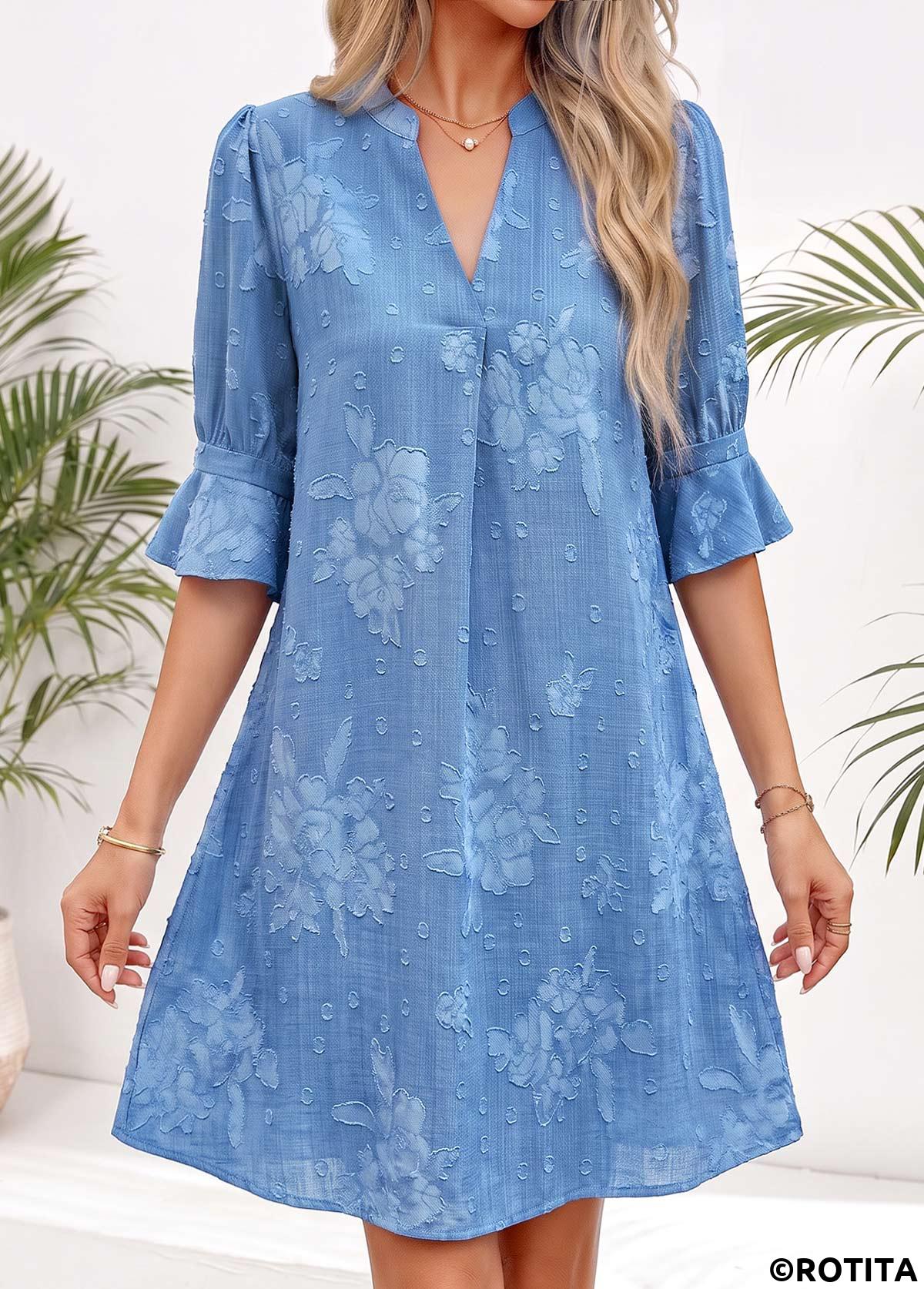 Denim Blue dresses,Floral dresses,Plants dresses,Everyday dresses,Casual dresses,ROTITA Denim Blue Floral Print Tummy Coverage Short Dress