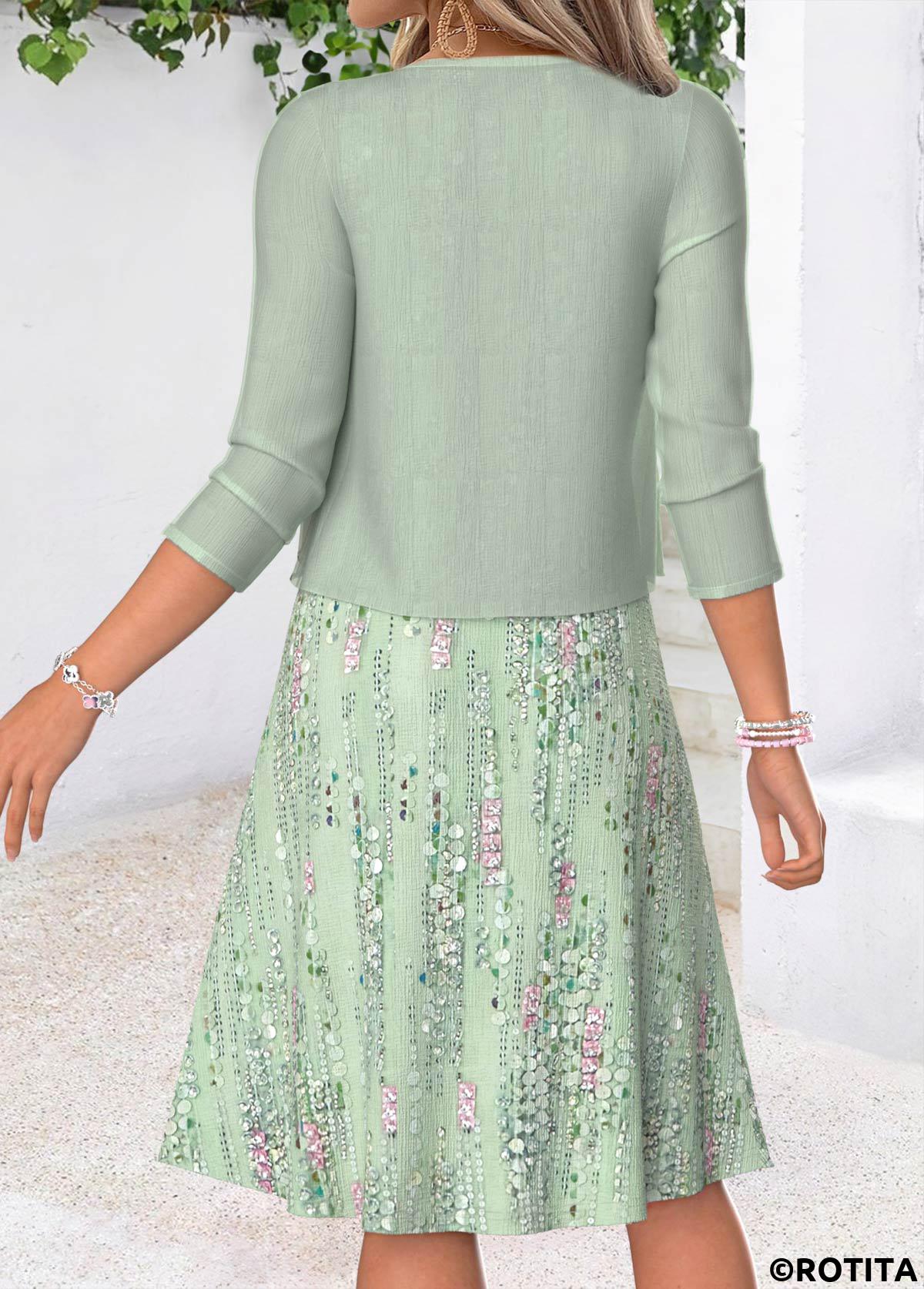 Light Green dresses,Geometric dresses,Everyday dresses,Casual dresses,ROTITA Light Green Geometric Print Two-piece Dress and Cardigan