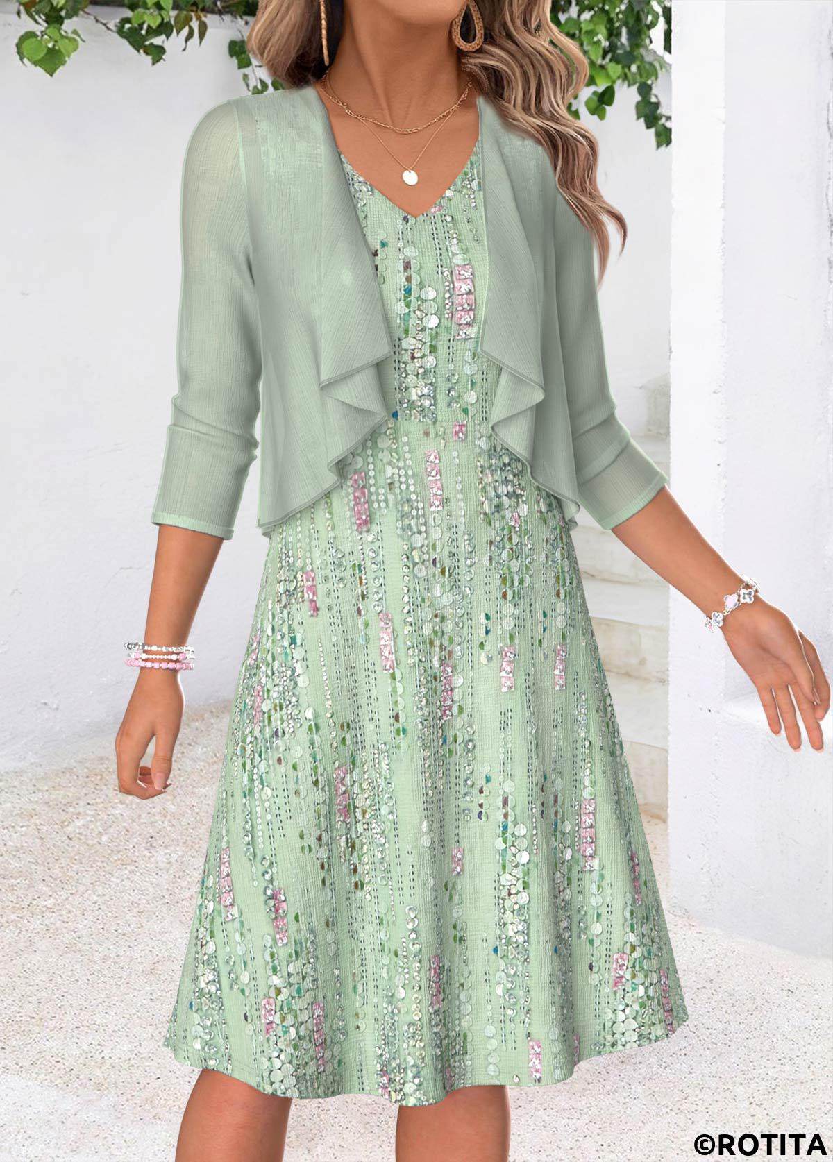 Light Green dresses,Geometric dresses,Everyday dresses,Casual dresses,ROTITA Light Green Geometric Print Two-piece Dress and Cardigan