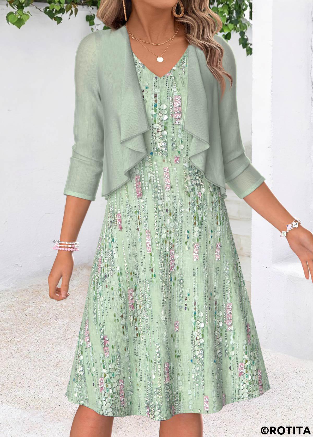 Light Green dresses,Geometric dresses,Everyday dresses,Casual dresses,ROTITA Light Green Geometric Print Two-piece Dress and Cardigan