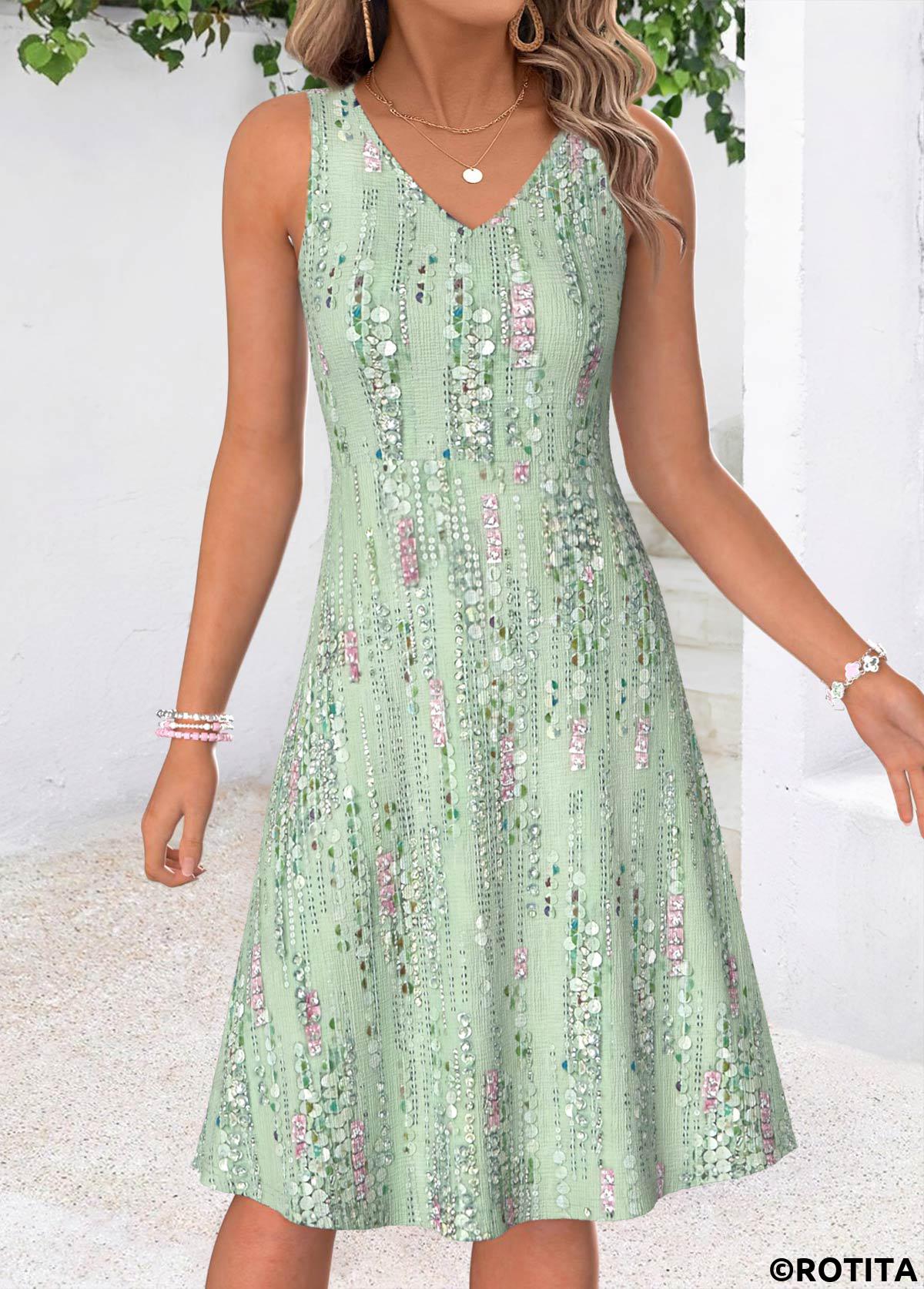 Light Green dresses,Geometric dresses,Everyday dresses,Casual dresses,ROTITA Light Green Geometric Print Two-piece Dress and Cardigan