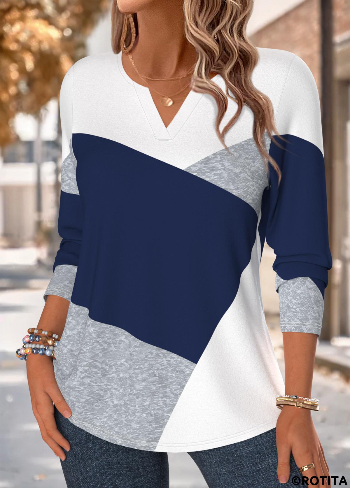 Navy tops,Geometric tops,ROTITA Curved Hem Geometric Print Navy Split Neck T Shirt