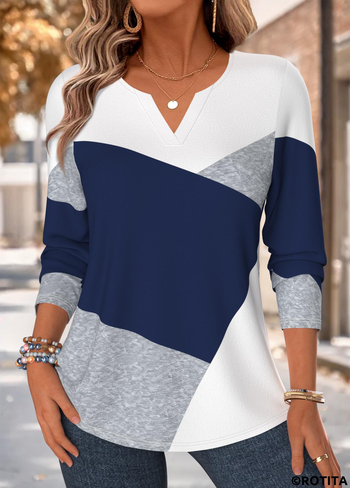 Navy tops,Geometric tops,ROTITA Curved Hem Geometric Print Navy Split Neck T Shirt