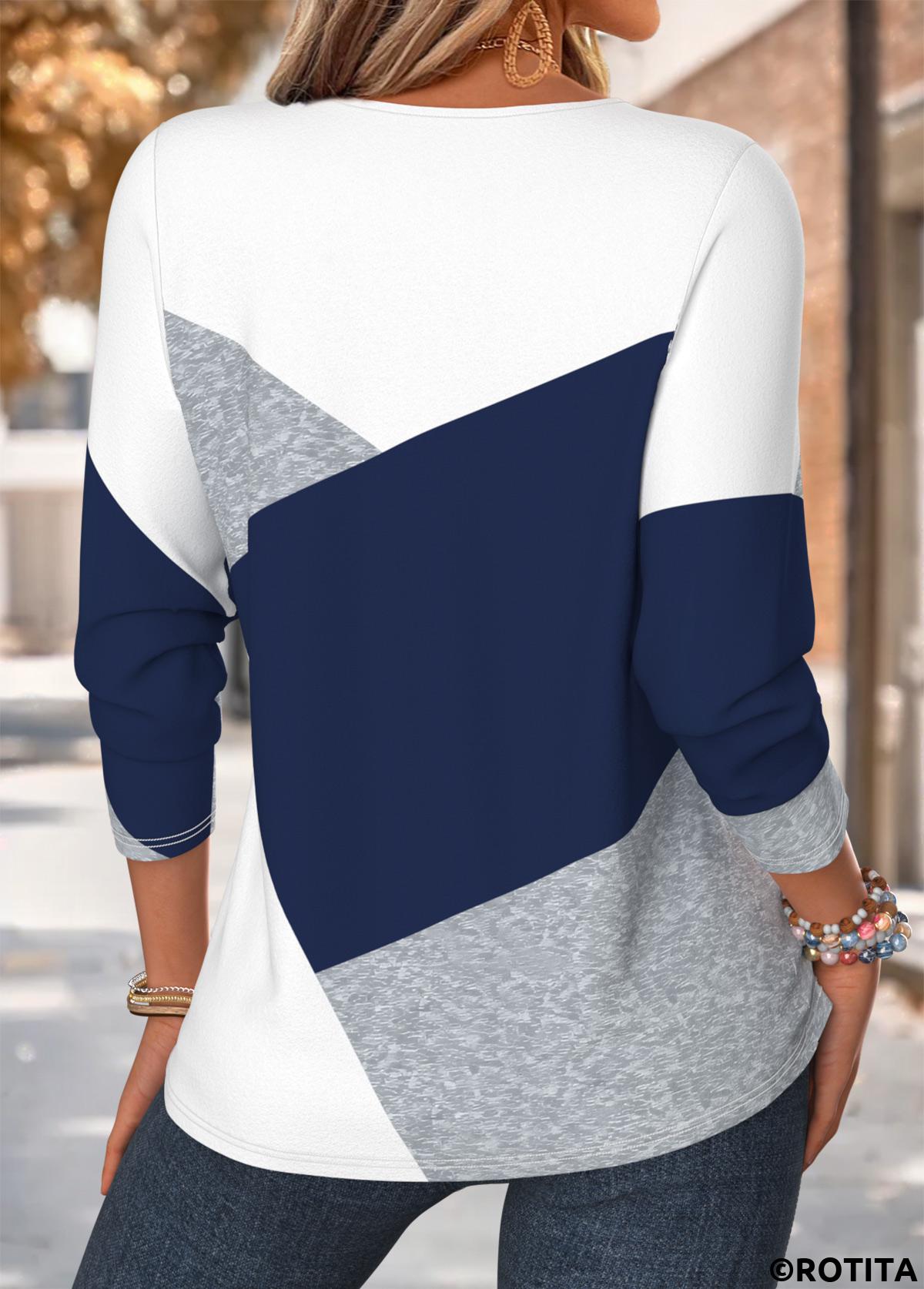 Navy tops,Geometric tops,ROTITA Curved Hem Geometric Print Navy Split Neck T Shirt