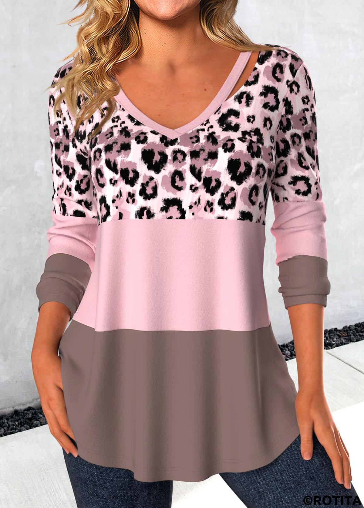 Light Pink tops,Leopard tops,Animal Print tops,ROTITA Patchwork Leopard Light Pink V Neck T Shirt
