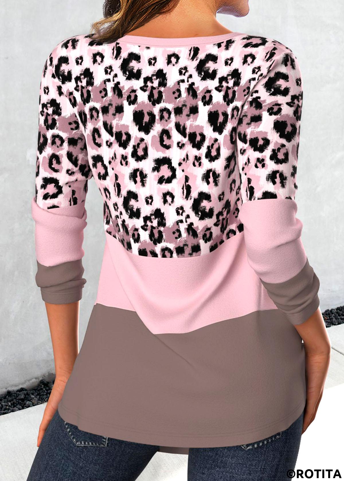 Light Pink tops,Leopard tops,Animal Print tops,ROTITA Patchwork Leopard Light Pink V Neck T Shirt