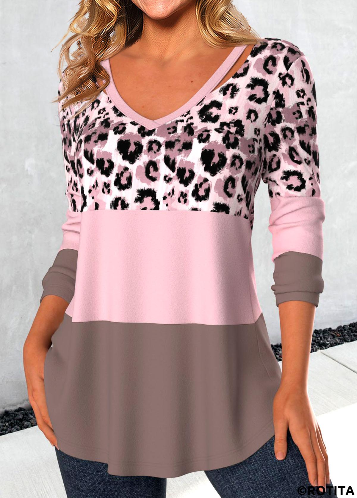 Light Pink tops,Leopard tops,Animal Print tops,ROTITA Patchwork Leopard Light Pink V Neck T Shirt