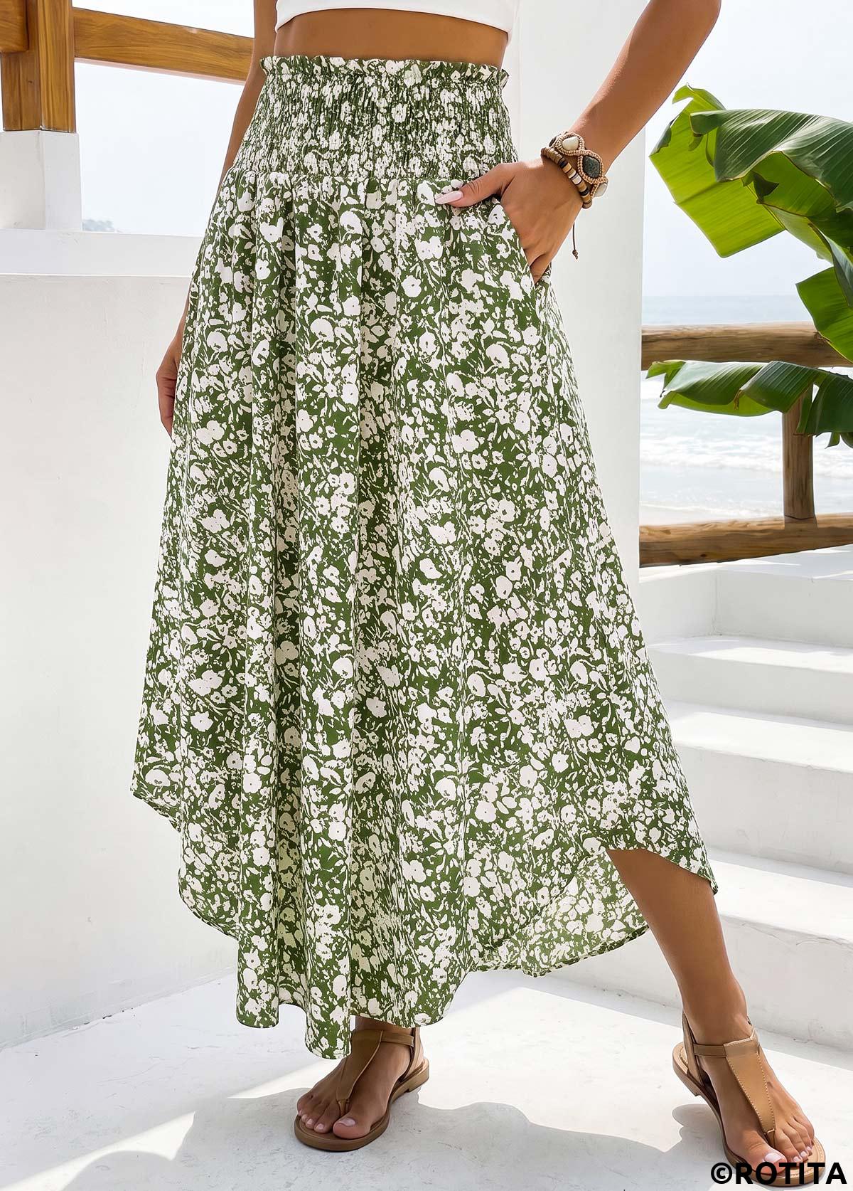 Green bottoms,Ditsy Floral bottoms,Pocket Ditsy Floral Print Green Maxi Elastic Waist Skirt