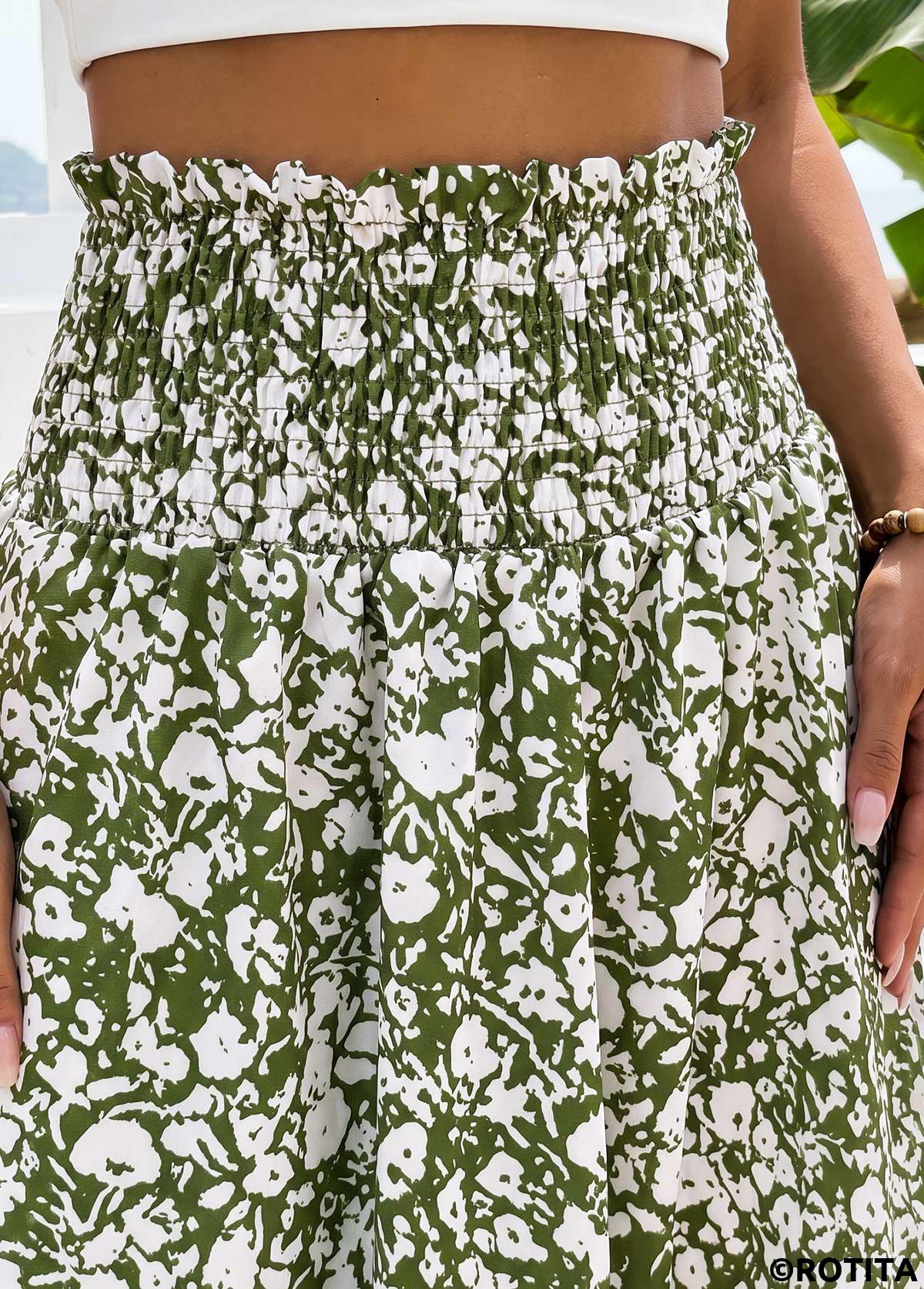 Green bottoms,Ditsy Floral bottoms,Pocket Ditsy Floral Print Green Maxi Elastic Waist Skirt