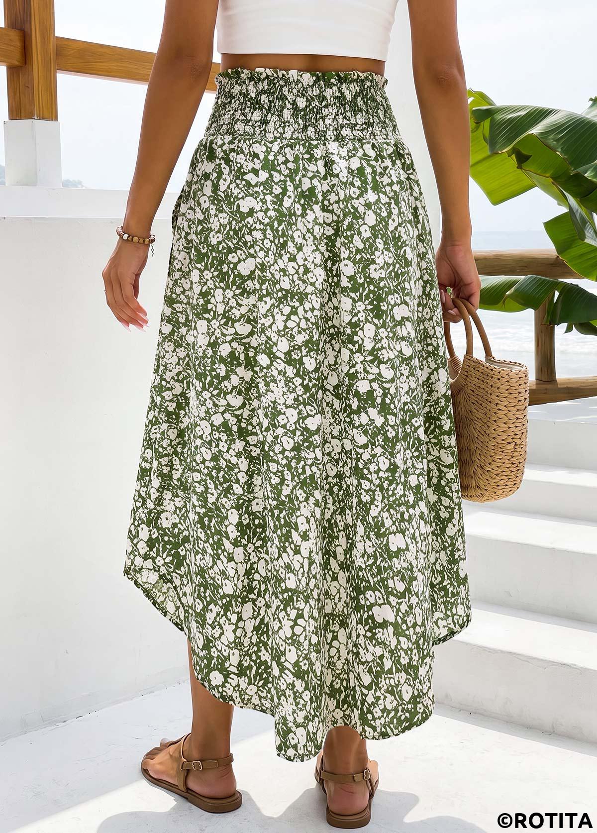 Green bottoms,Ditsy Floral bottoms,Pocket Ditsy Floral Print Green Maxi Elastic Waist Skirt