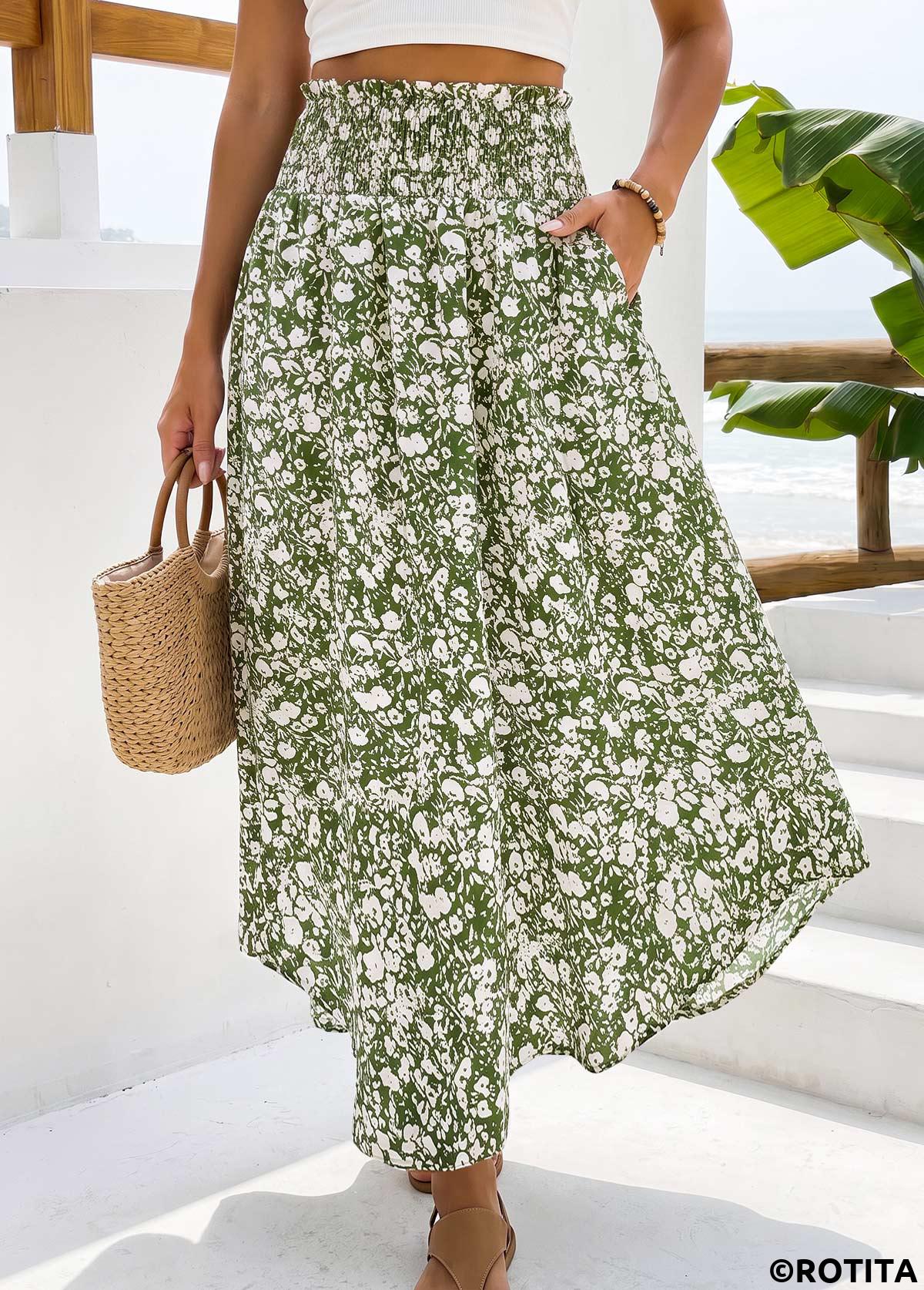Green bottoms,Ditsy Floral bottoms,Pocket Ditsy Floral Print Green Maxi Elastic Waist Skirt