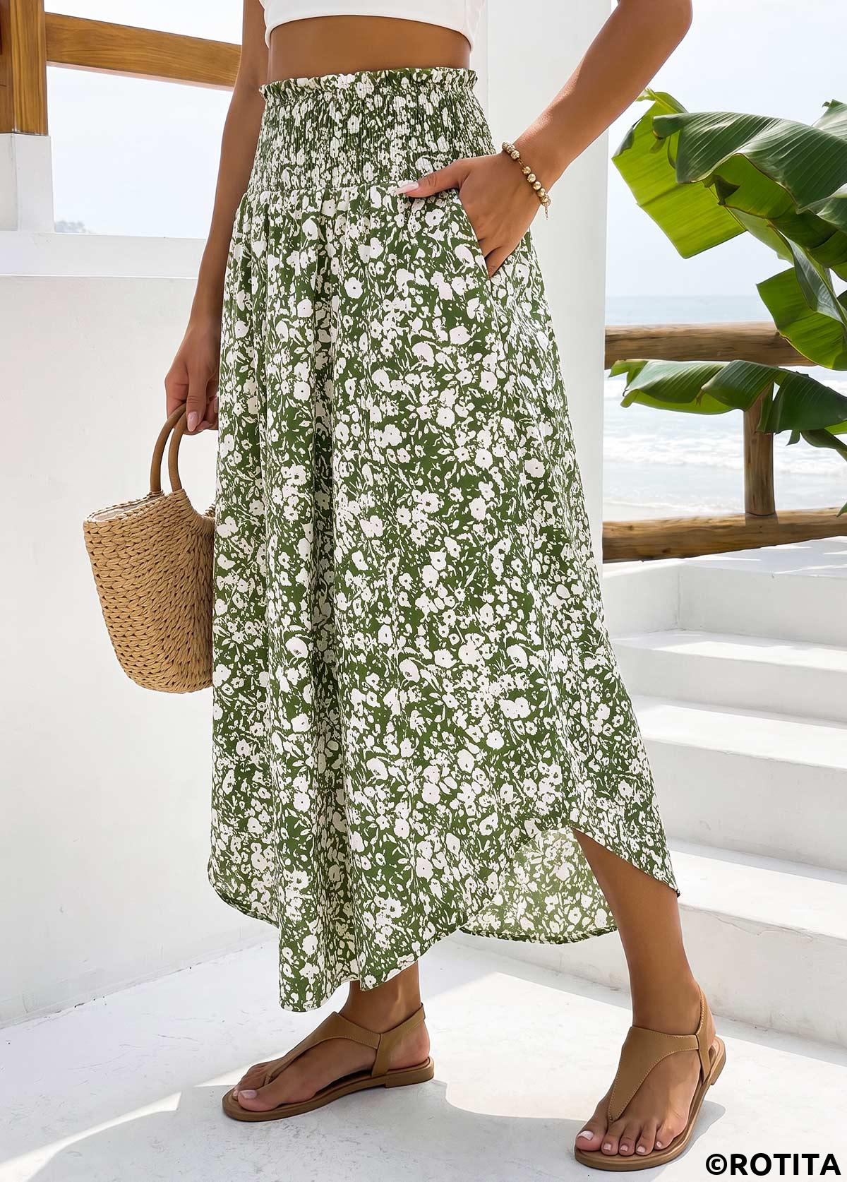 Green bottoms,Ditsy Floral bottoms,Pocket Ditsy Floral Print Green Maxi Elastic Waist Skirt