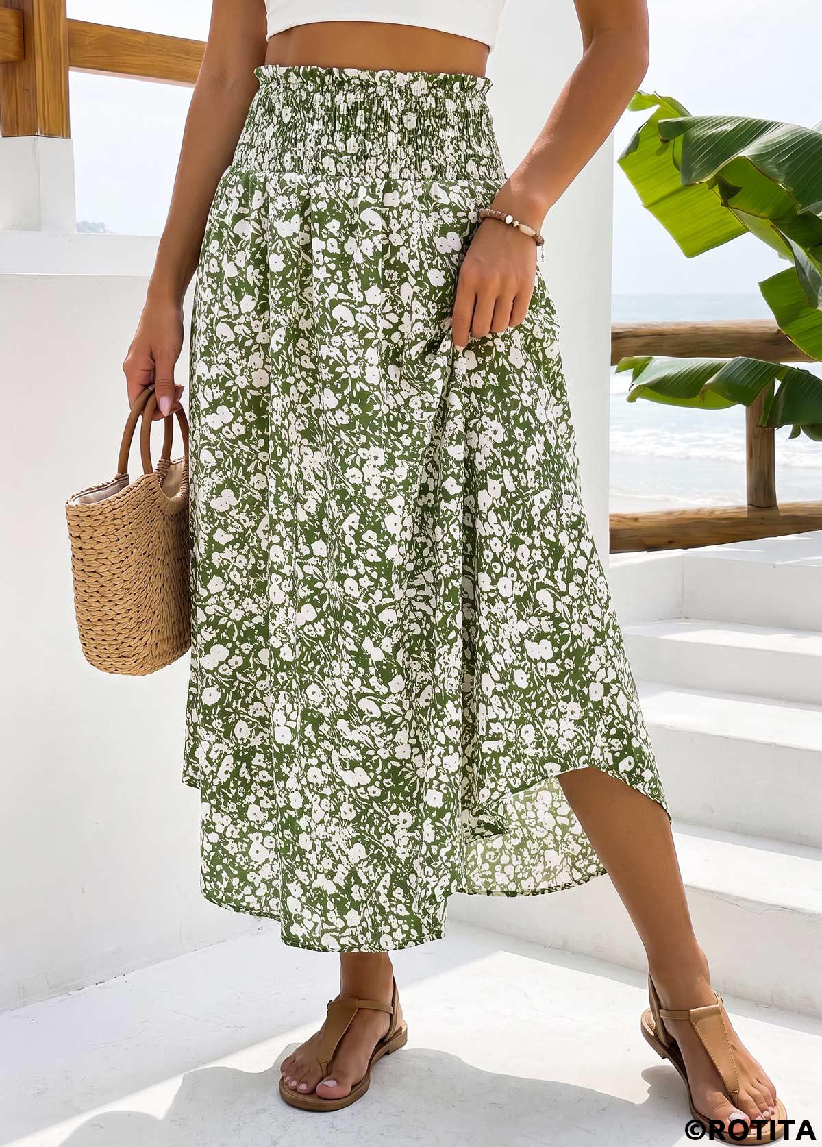 Green bottoms,Ditsy Floral bottoms,Pocket Ditsy Floral Print Green Maxi Elastic Waist Skirt