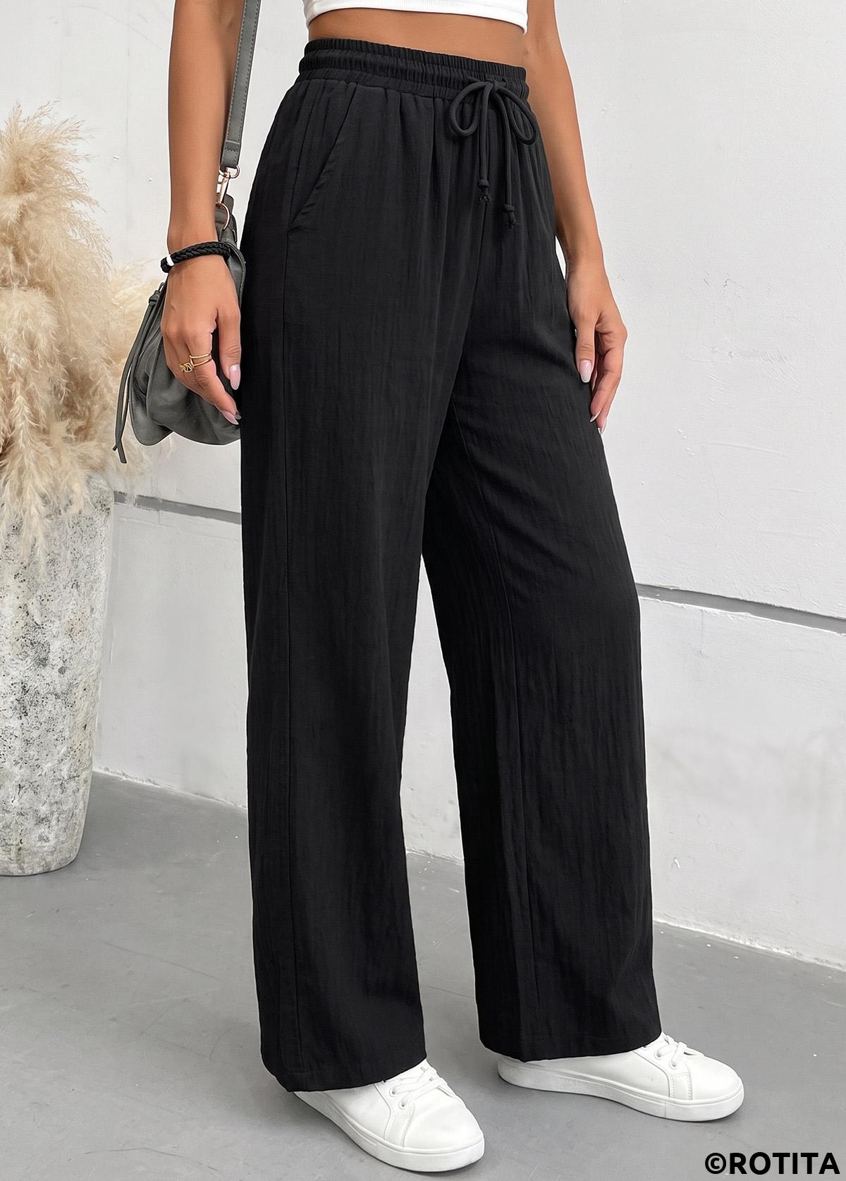 Black bottoms,Plain Color bottoms,Black Elastic Waist High Waisted Pants