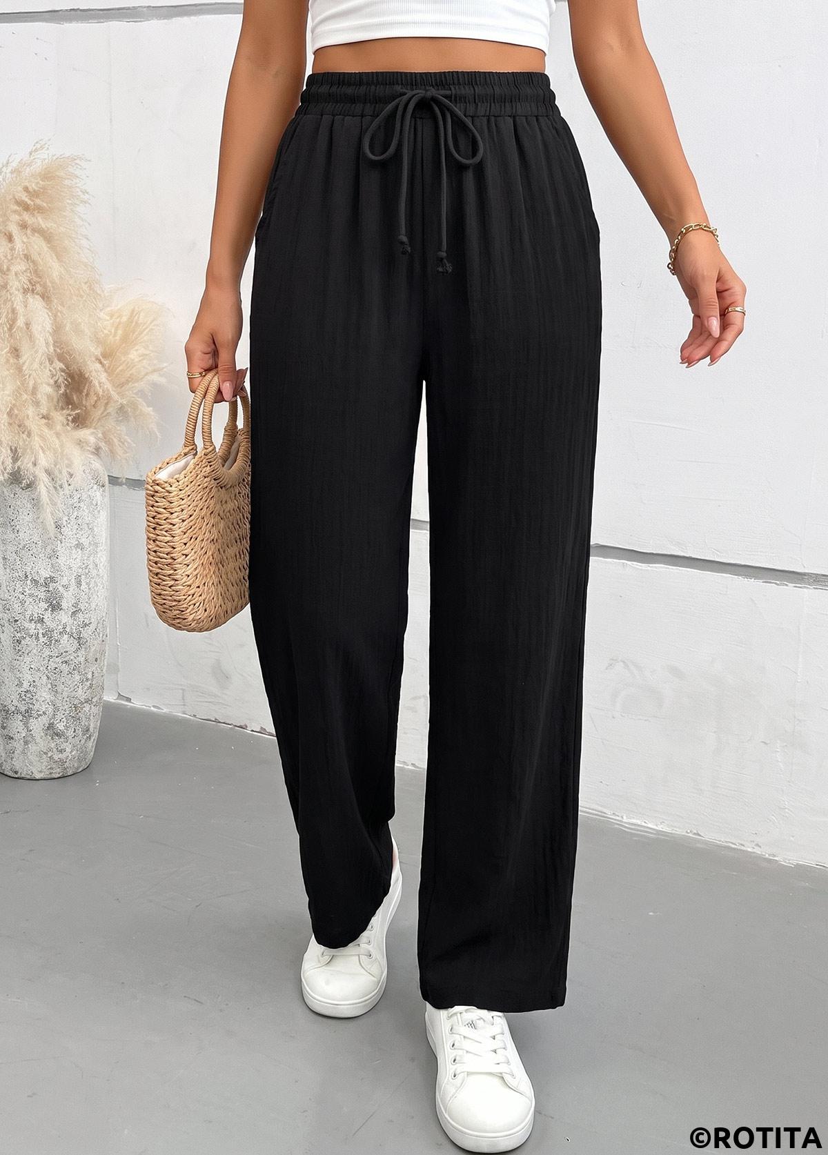 Black bottoms,Plain Color bottoms,Black Elastic Waist High Waisted Pants
