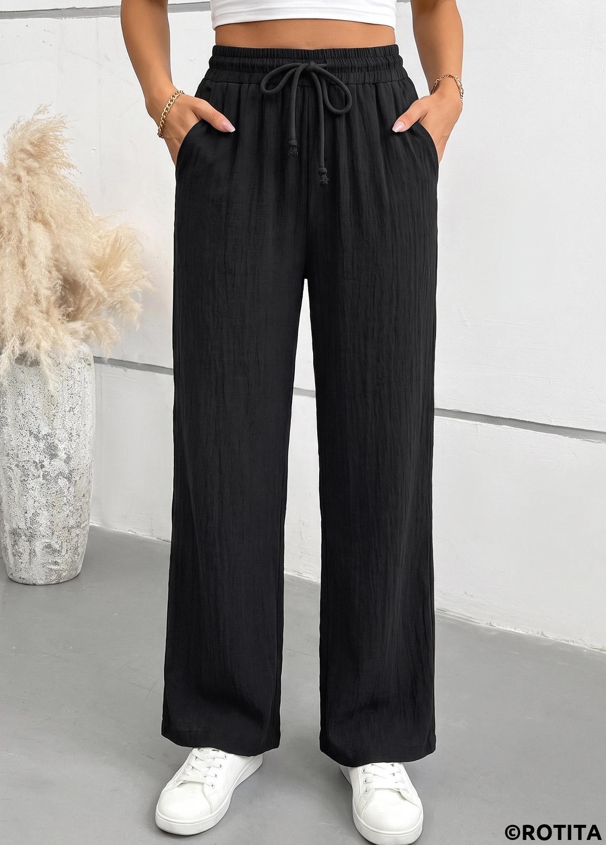 Black bottoms,Plain Color bottoms,Black Elastic Waist High Waisted Pants