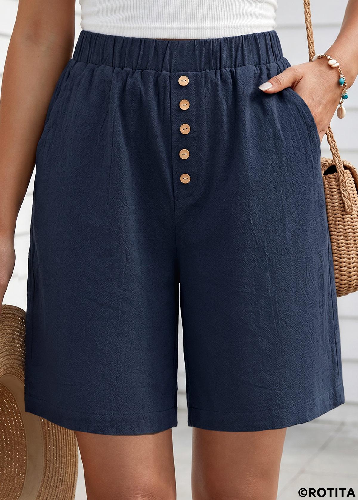 Navy bottoms,Plain Color bottoms,Navy Elastic Waist High Waisted Shorts