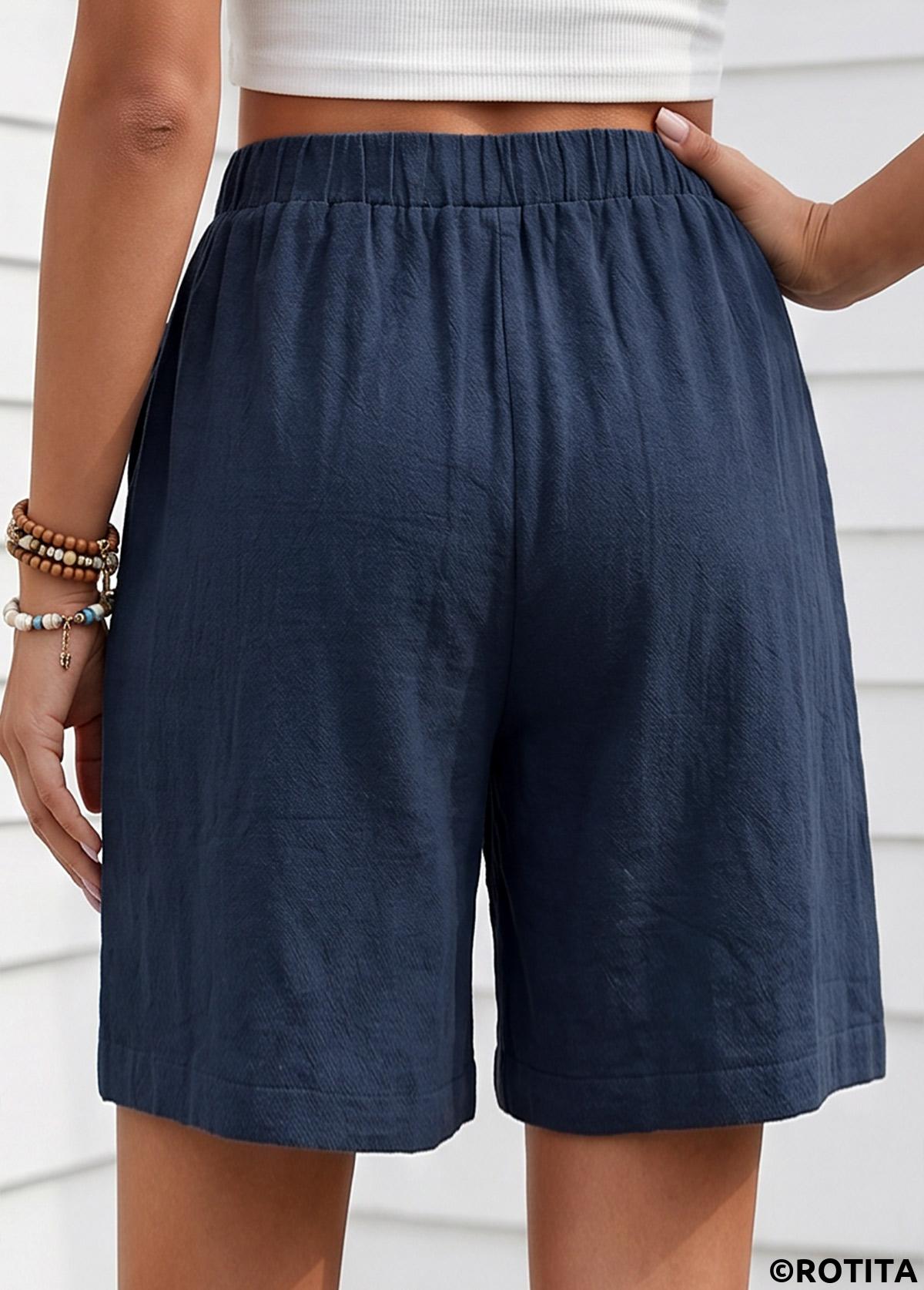 Navy bottoms,Plain Color bottoms,Navy Elastic Waist High Waisted Shorts