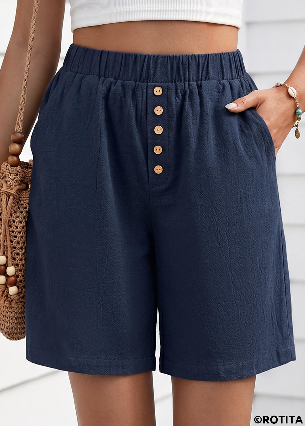 Navy bottoms,Plain Color bottoms,Navy Elastic Waist High Waisted Shorts