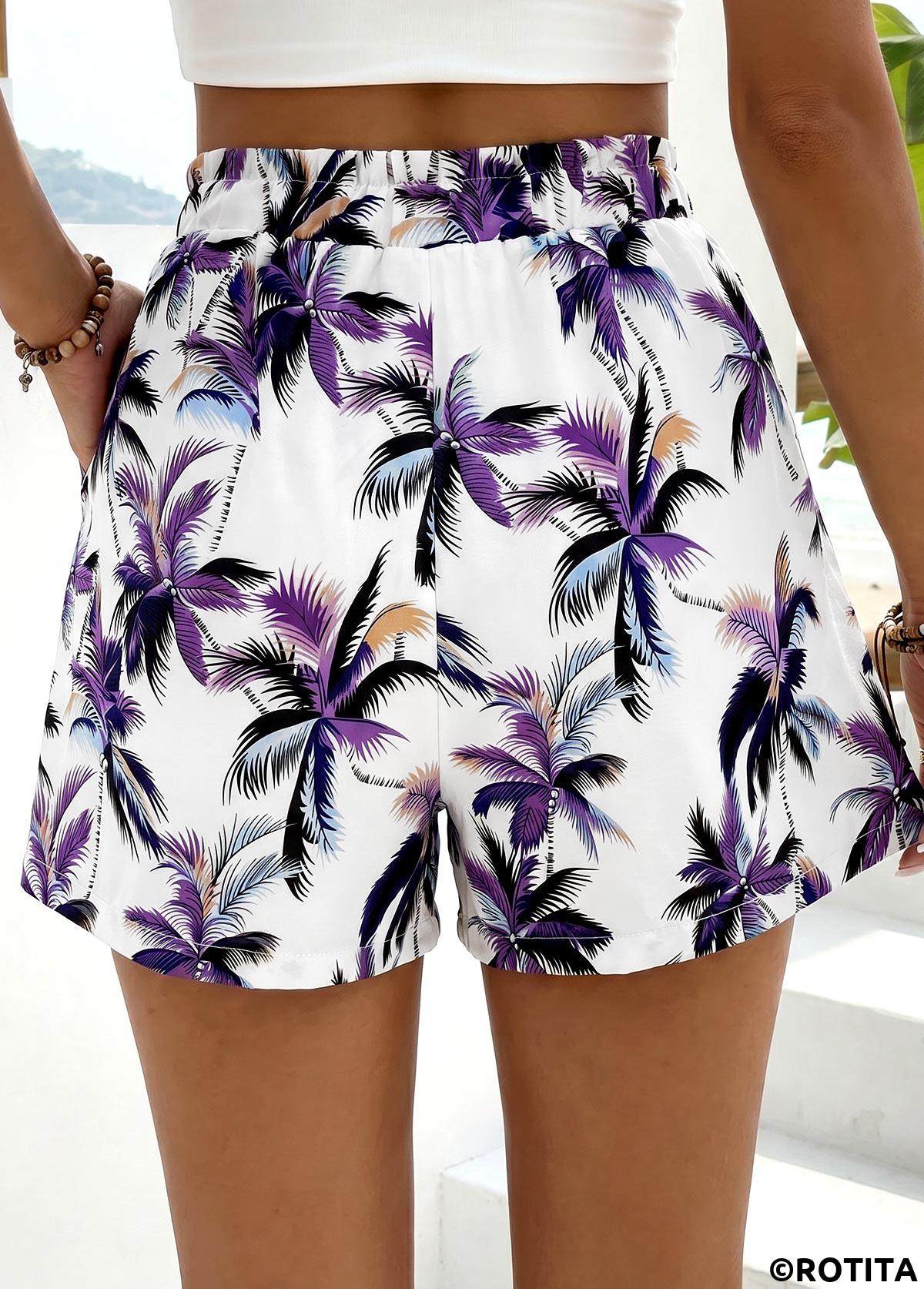 Purple bottoms,Plants bottoms,Plants Print Purple Elastic Waist High Waisted Shorts
