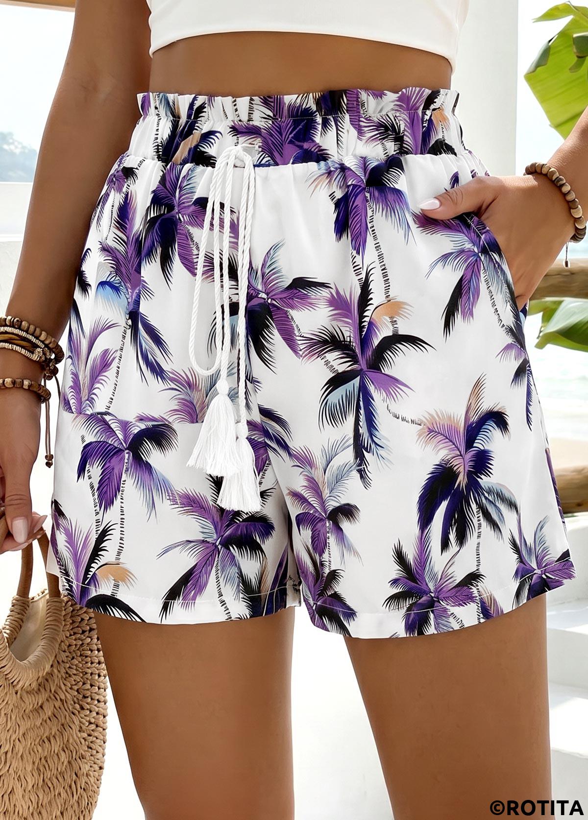 Purple bottoms,Plants bottoms,Plants Print Purple Elastic Waist High Waisted Shorts
