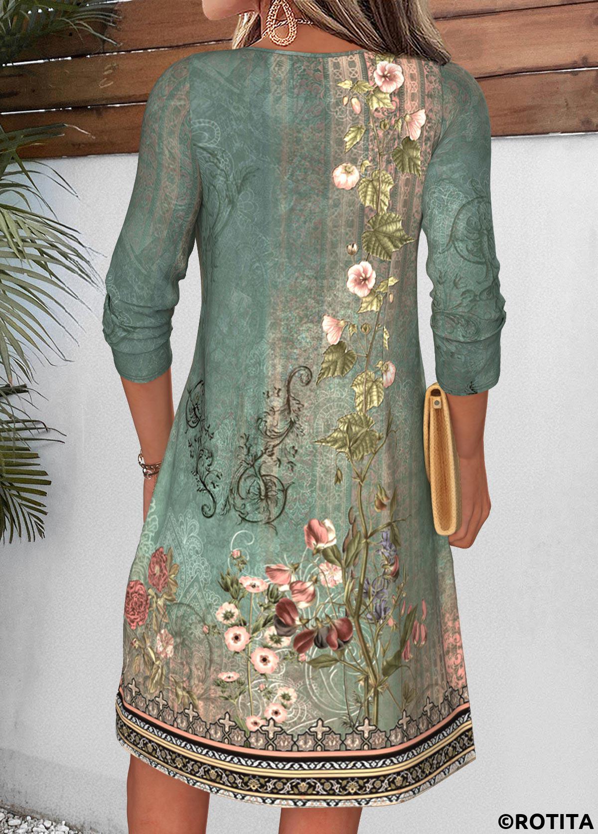 Sage Green dresses,Plants dresses,Floral dresses,Everyday dresses,Casual dresses,ROTITA Sage Green Random Floral Print Tuck Stitch Short Dress