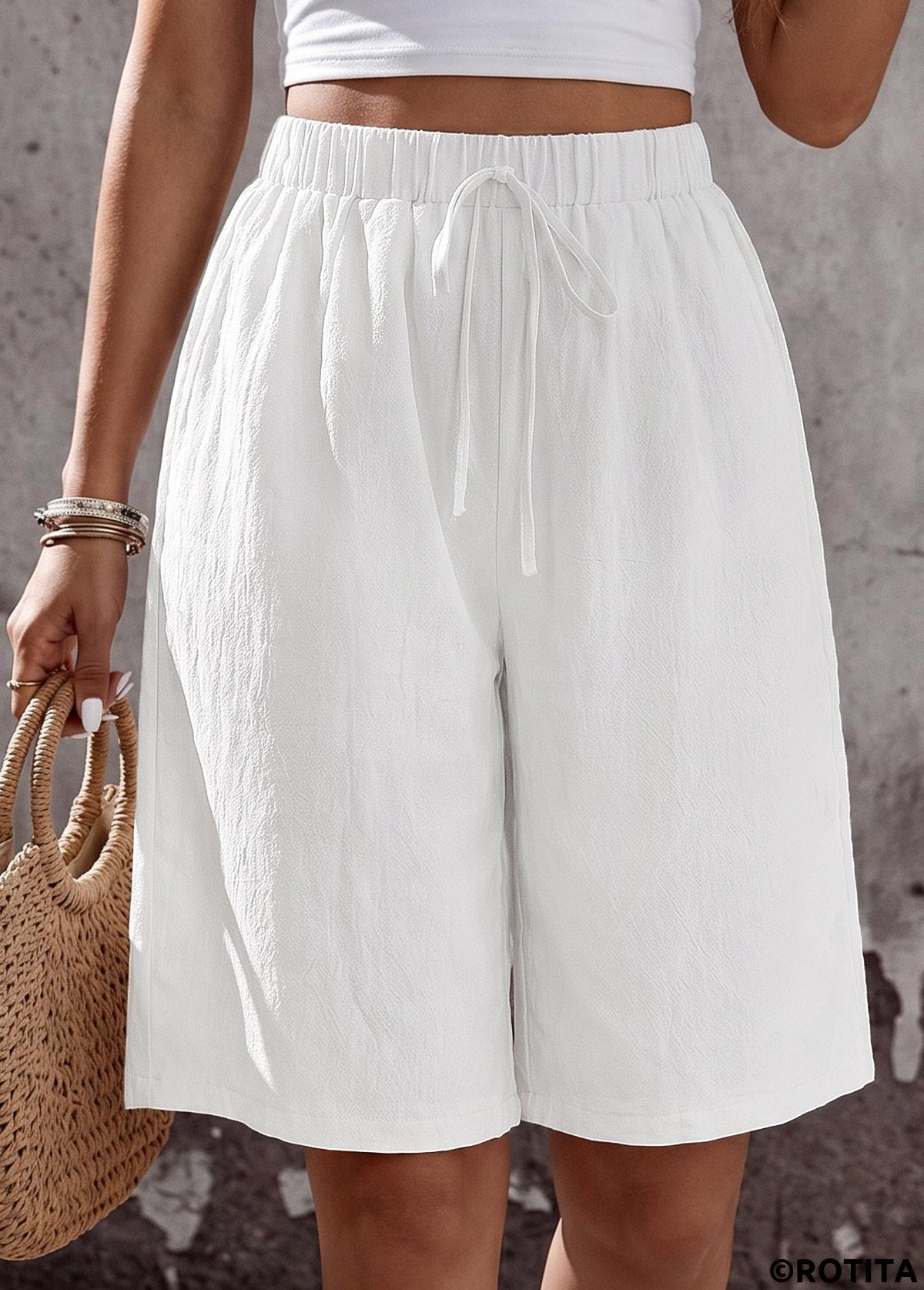 White bottoms,Plain Color bottoms,White Wide Leg Elastic Waist High Waisted Shorts
