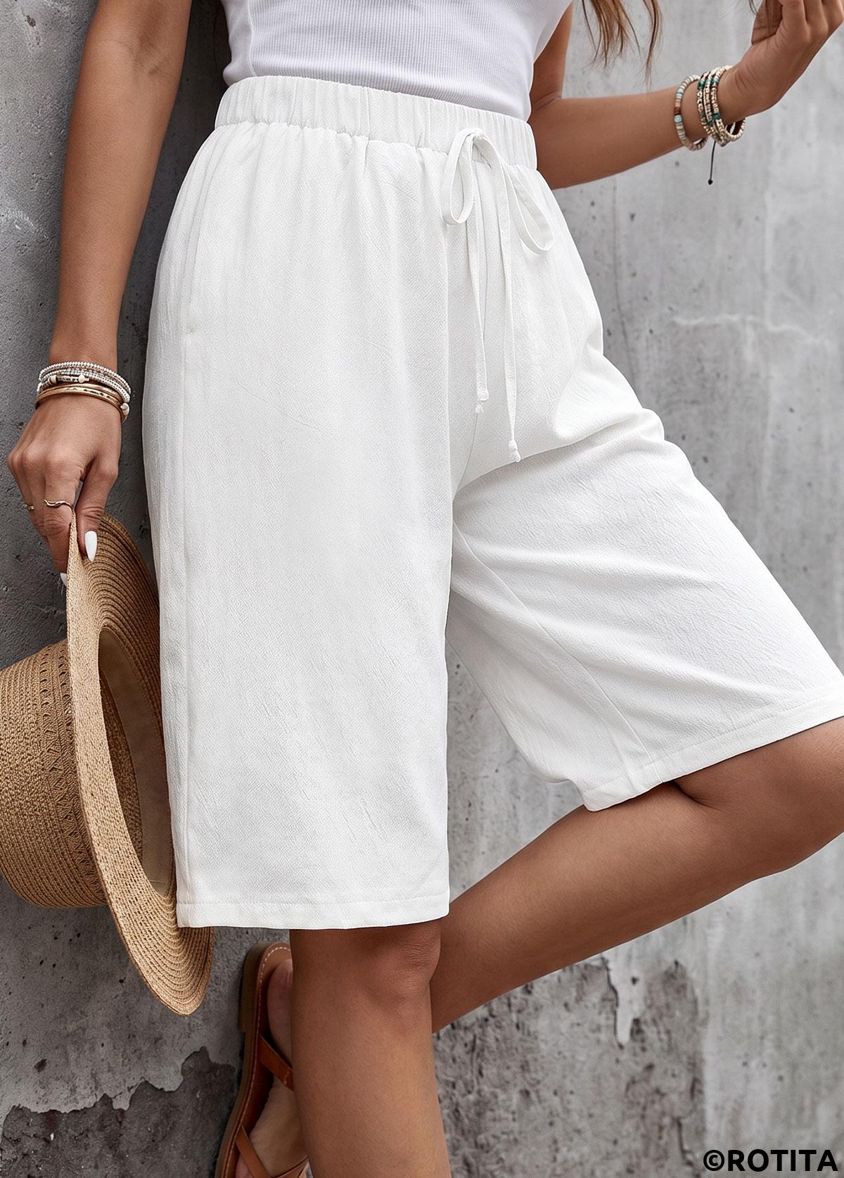 White bottoms,Plain Color bottoms,White Wide Leg Elastic Waist High Waisted Shorts