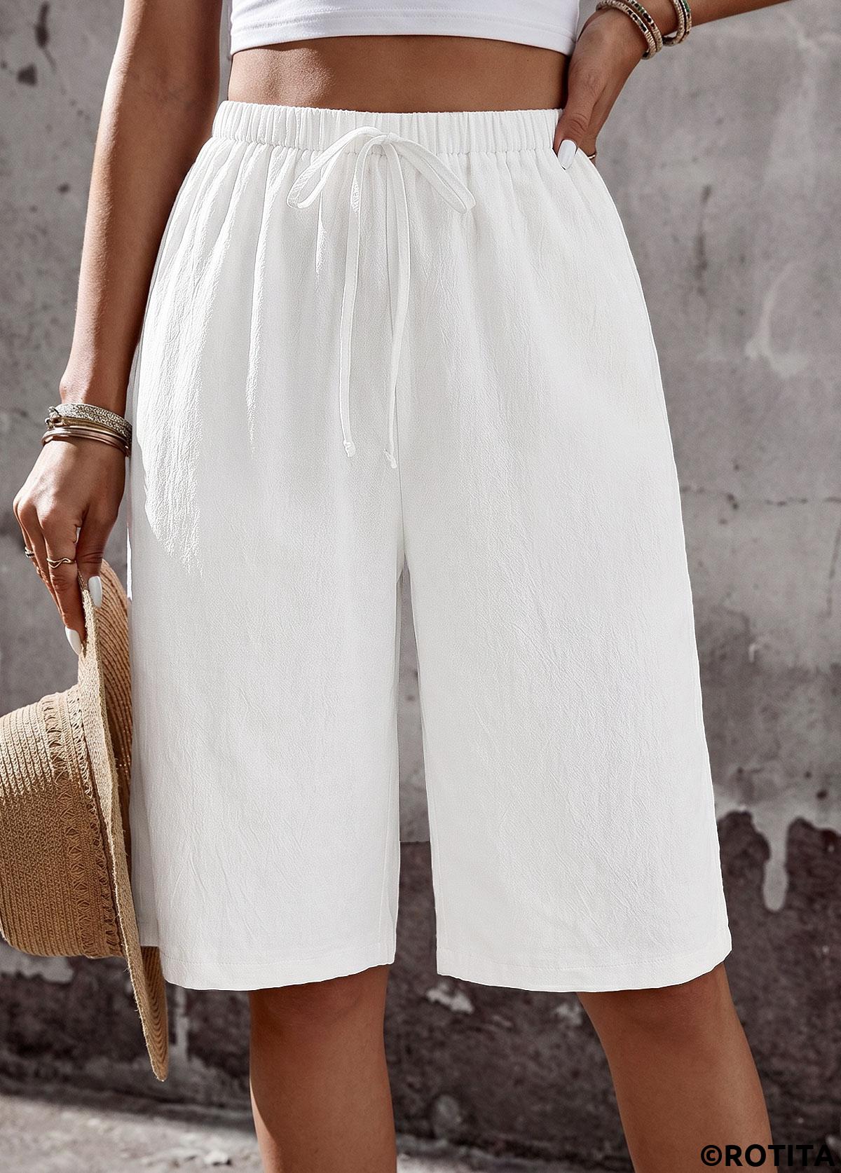 White bottoms,Plain Color bottoms,White Wide Leg Elastic Waist High Waisted Shorts