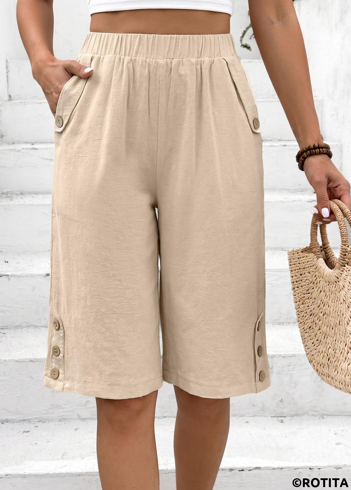 Light Coffee bottoms,Plain Color bottoms,Light Coffee Straight Leg Elastic Waist High Waisted Shorts