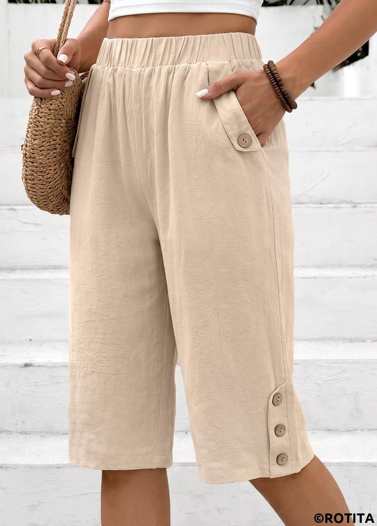 Light Coffee bottoms,Plain Color bottoms,Light Coffee Straight Leg Elastic Waist High Waisted Shorts