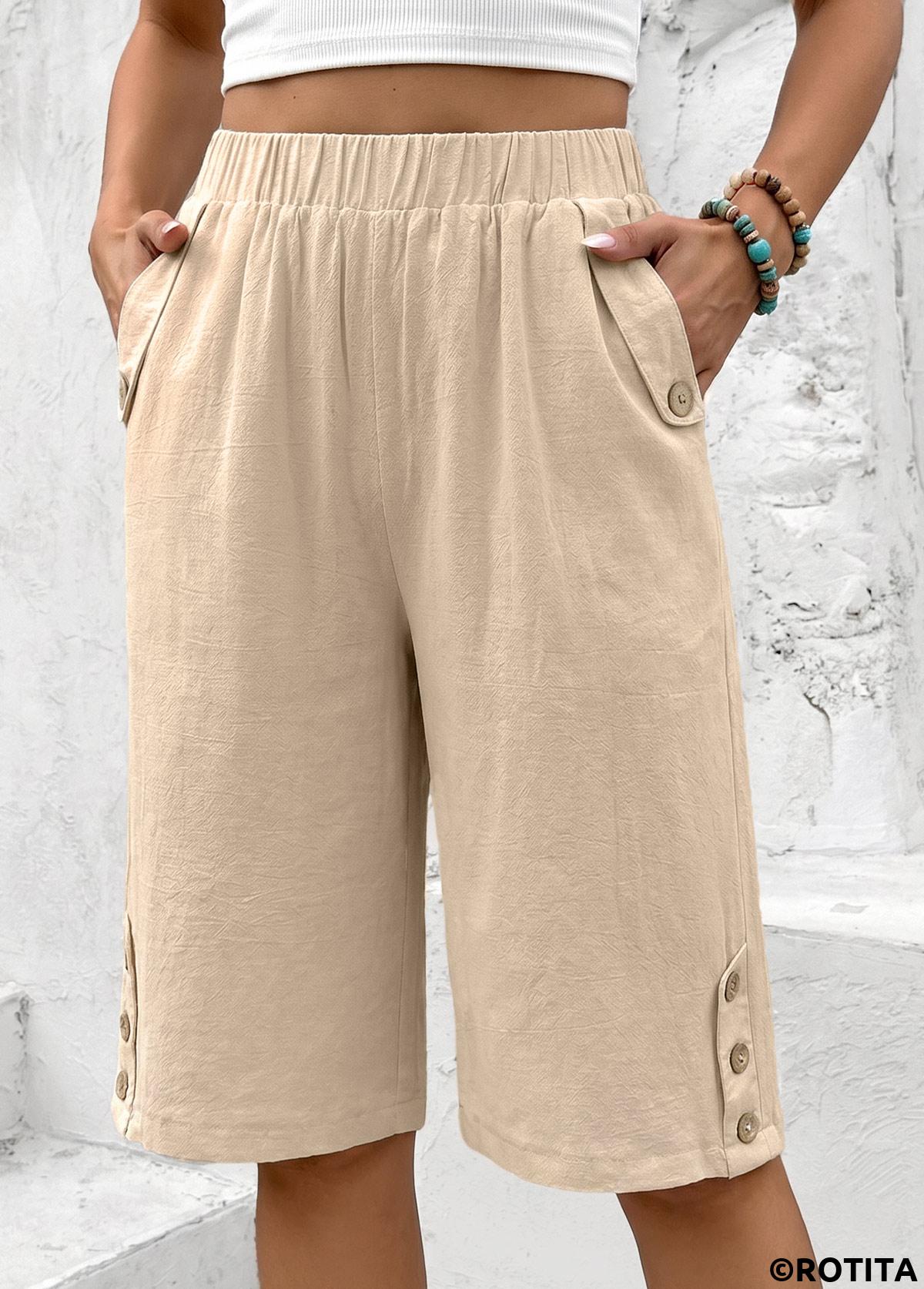 Light Coffee bottoms,Plain Color bottoms,Light Coffee Straight Leg Elastic Waist High Waisted Shorts