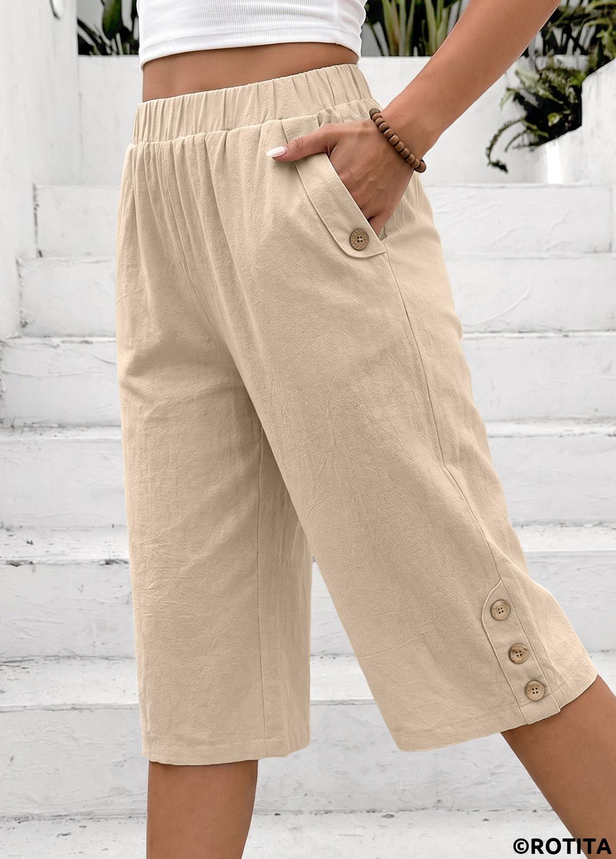 Light Coffee bottoms,Plain Color bottoms,Light Coffee Straight Leg Elastic Waist High Waisted Shorts